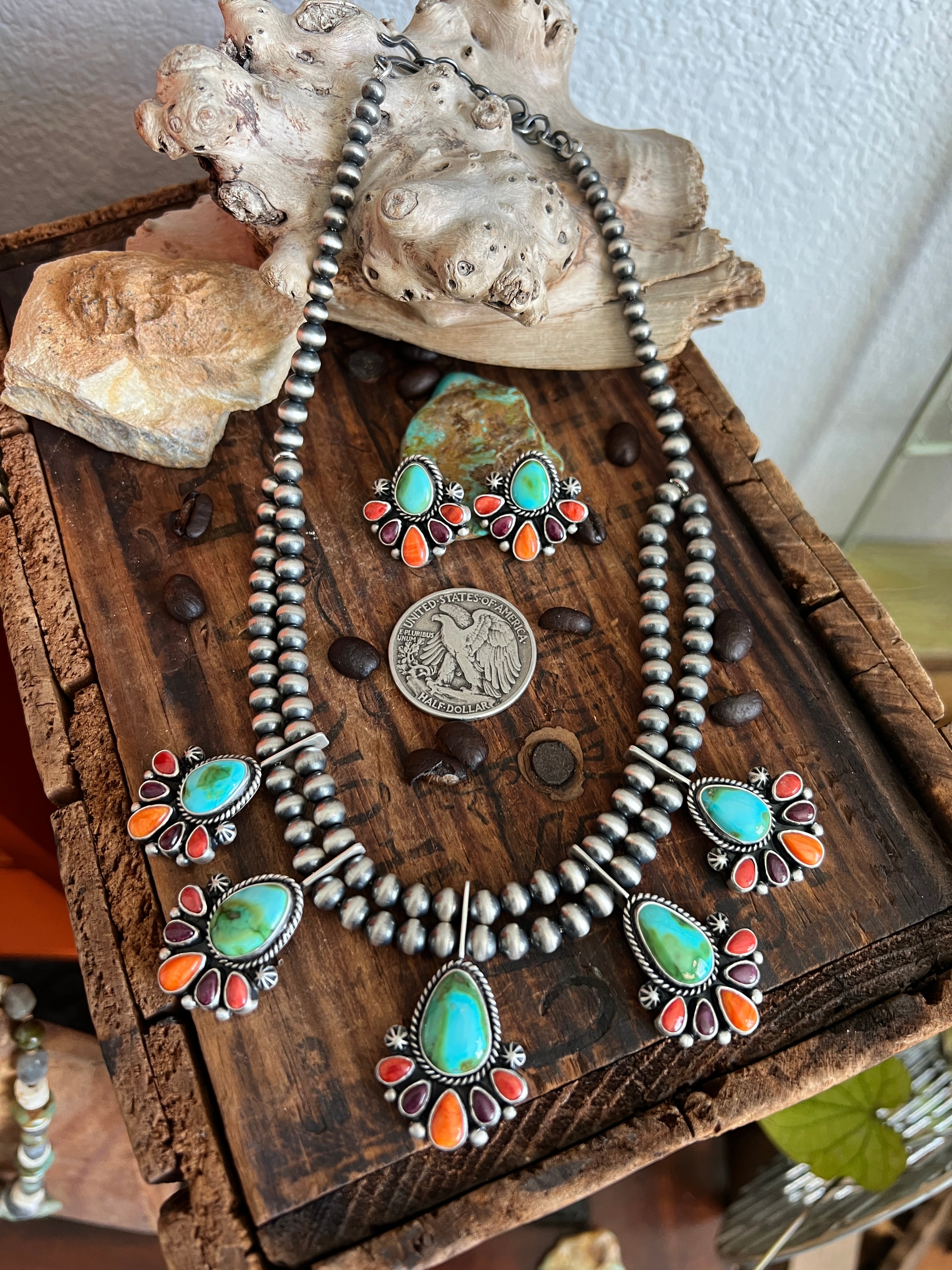 Handcrafted Sterling Silver Electric Rainbow Beaded Cluster Necklace & Earrings Set by Angela Martin