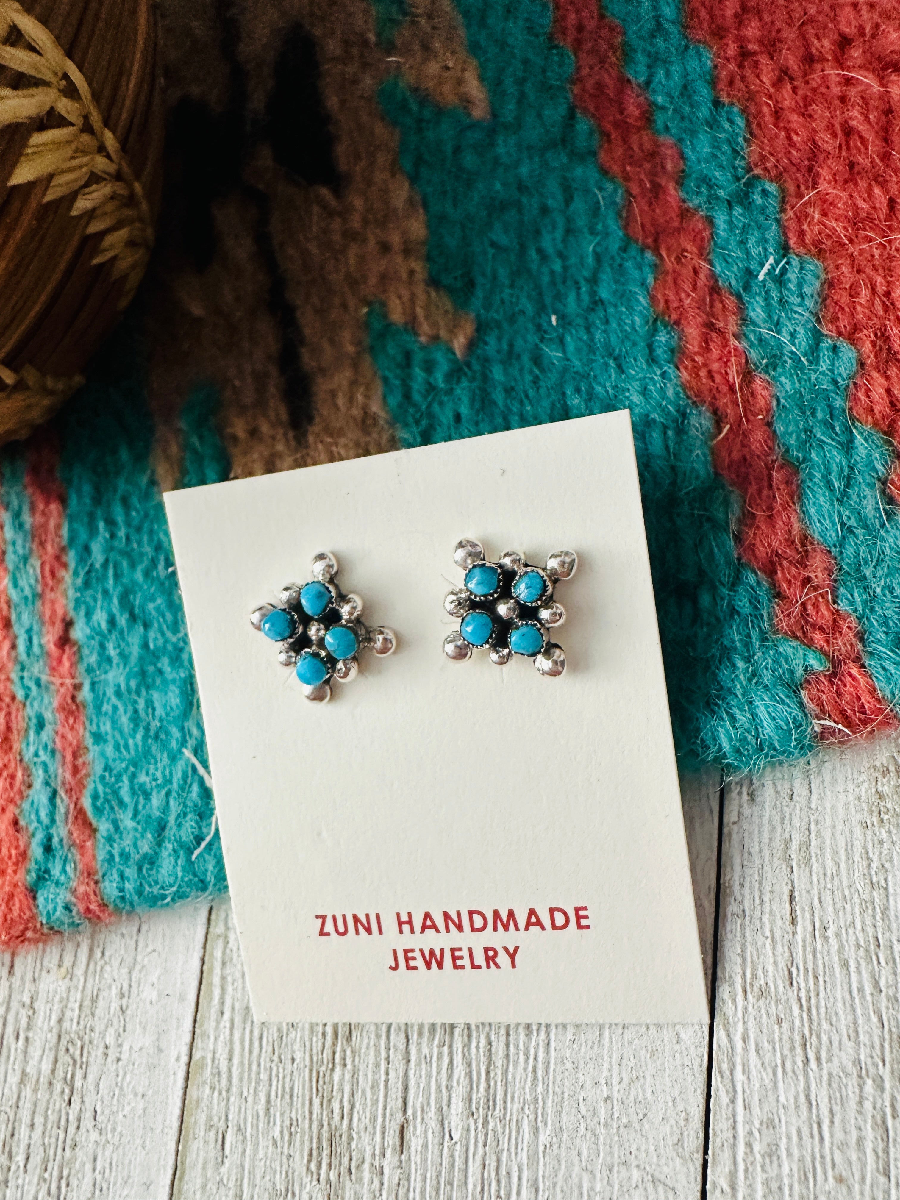 Zuni Sterling Silver & Turquoise Petit Point Stud Earrings