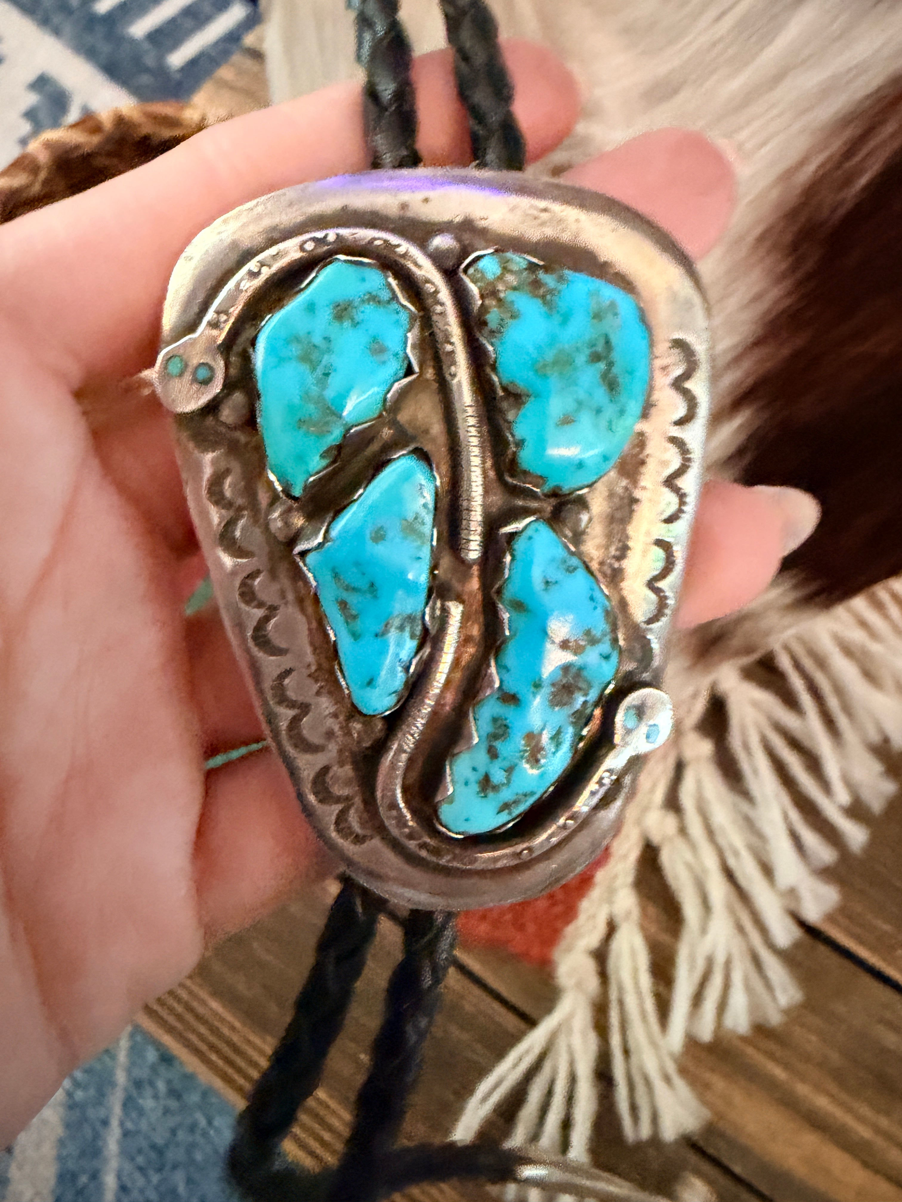 Handcrafted Vintage Old Pawn Sterling Silver & Turquoise Concho Bolo Tie by Effie Calavaza