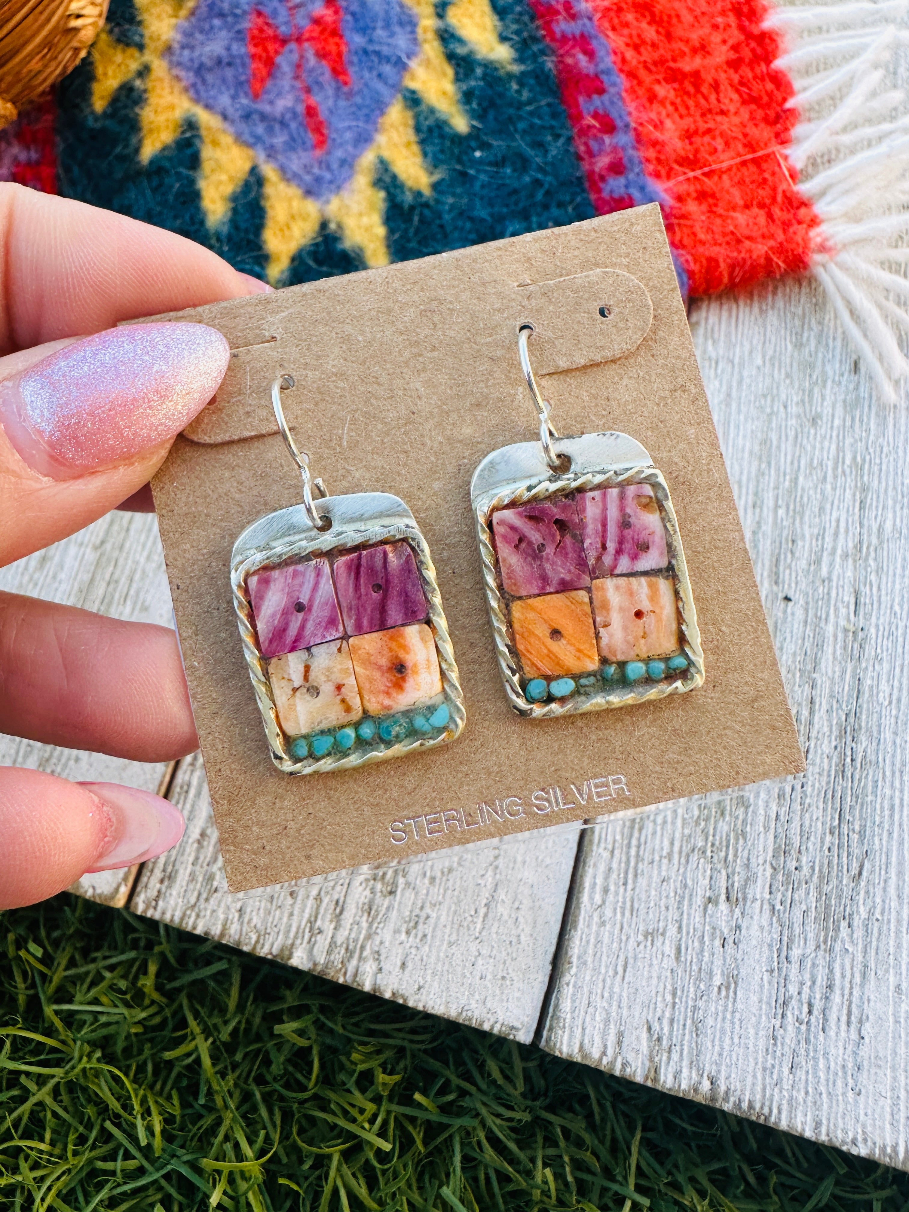 Handcrafted Spiny, Turquoise & Sterling Silver Inlay Dangle Earrings