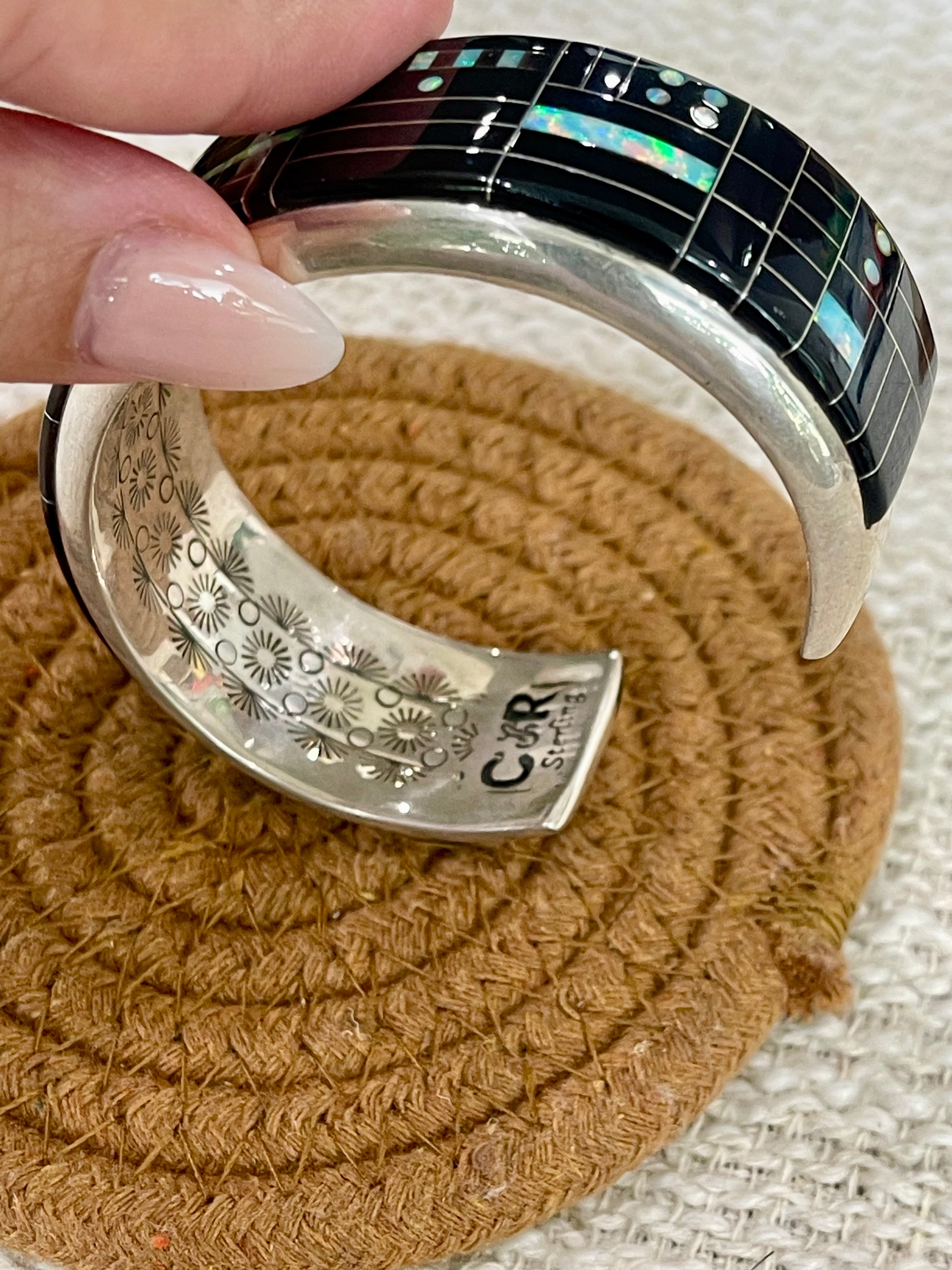 Beautiful Handmade Sterling Silver & Multi Stone, Onyx Inlay Cuff Bracelet