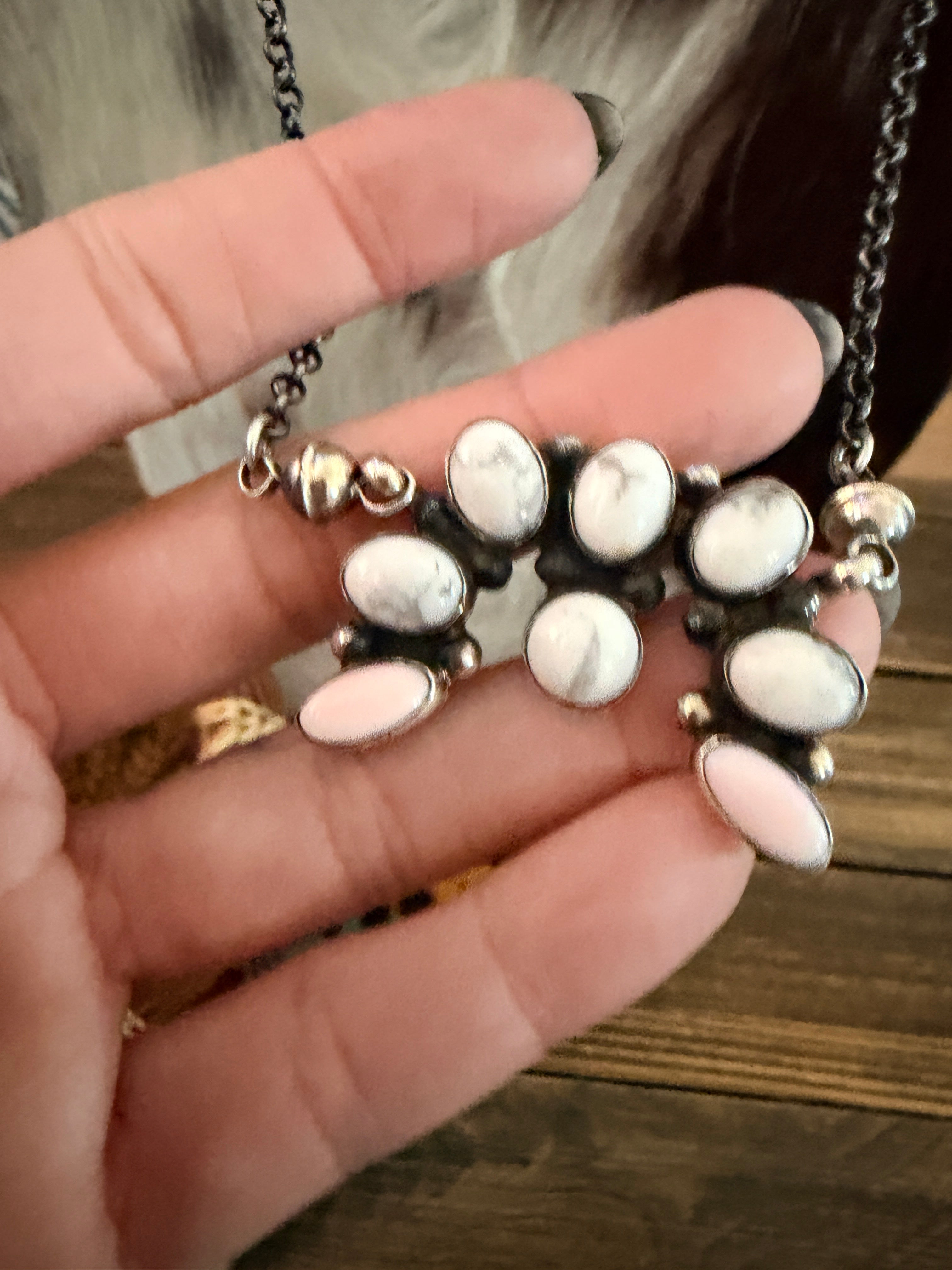 Handcrafted Queen Pink Conch, White Buffalo & Sterling Silver Naja Necklace by Jacqueline Silver
