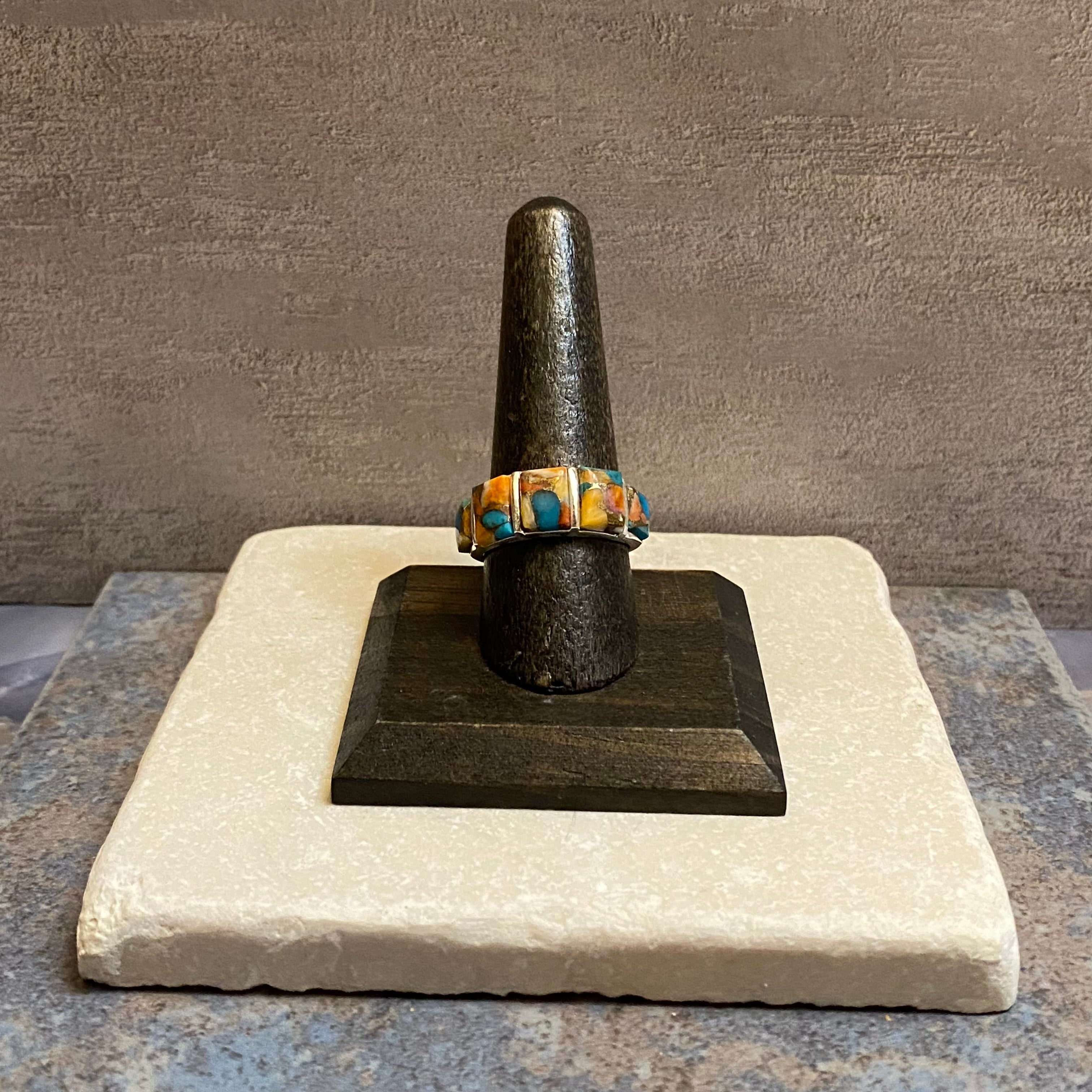 Sterling Silver Five Stone Orange Spiny Turquoise Ring Size 8.25