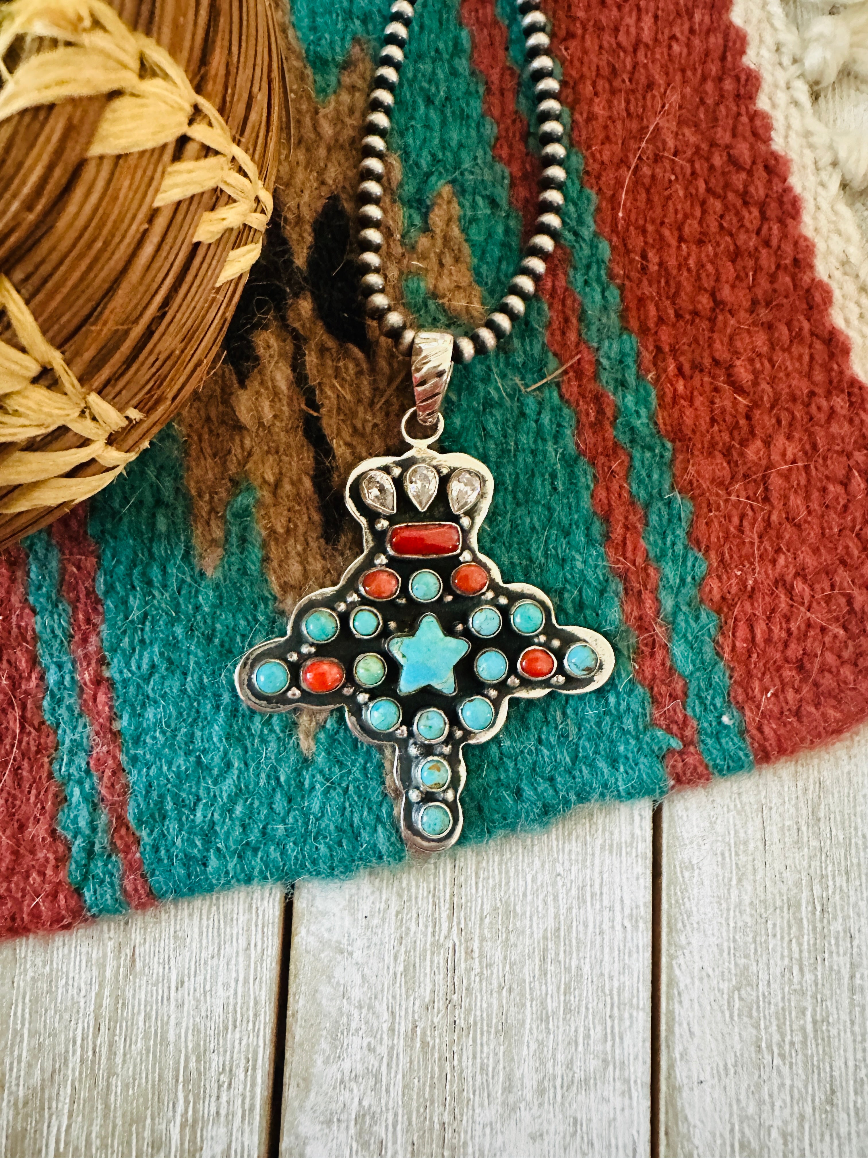 ** Christmas Collection ** Handmade Sterling Silver, Turquoise, Coral & CZ Pendant Signed Nizhoni