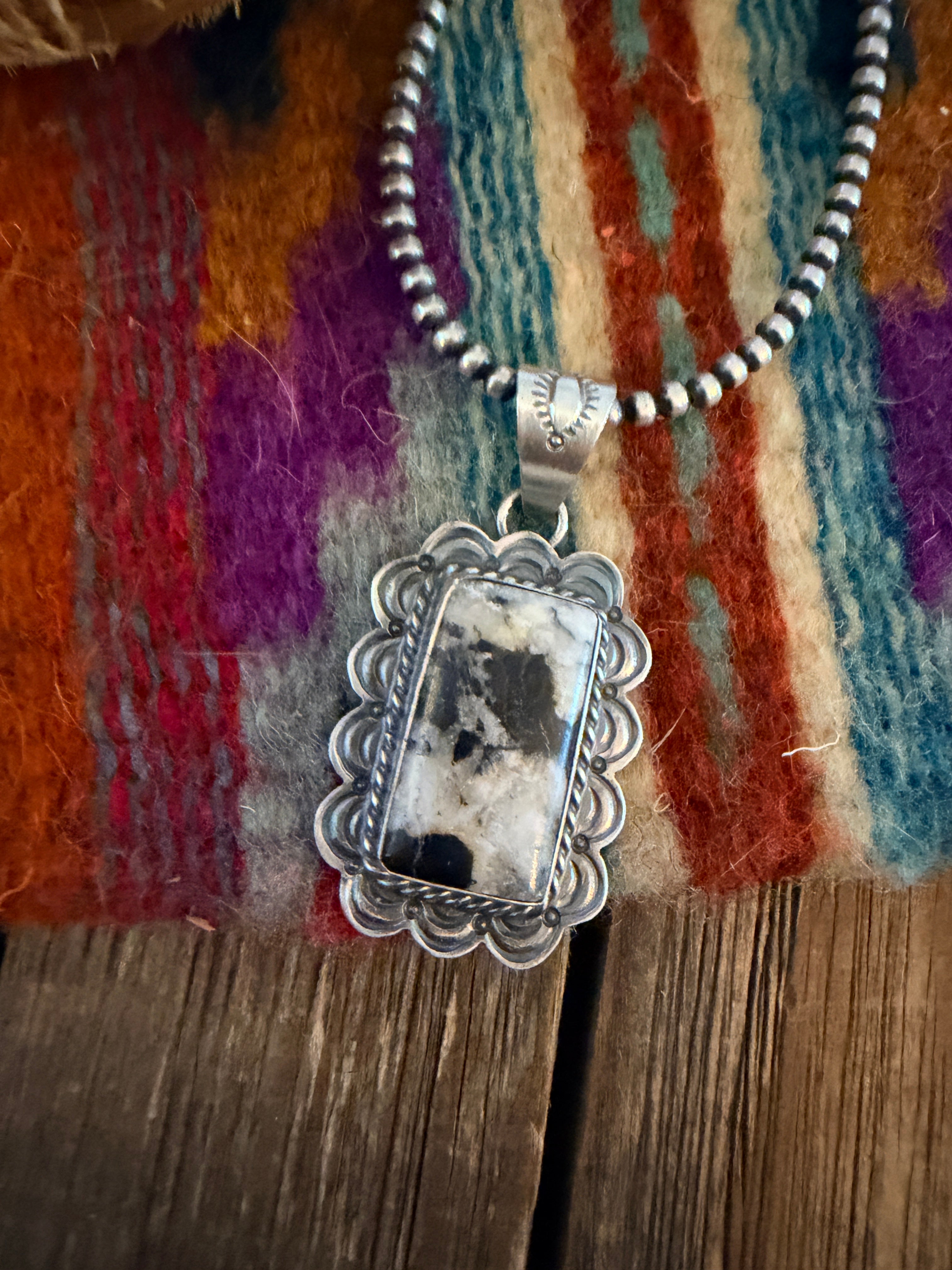 Handcrafted Sterling Silver & White Buffalo Pendant by David Skeets