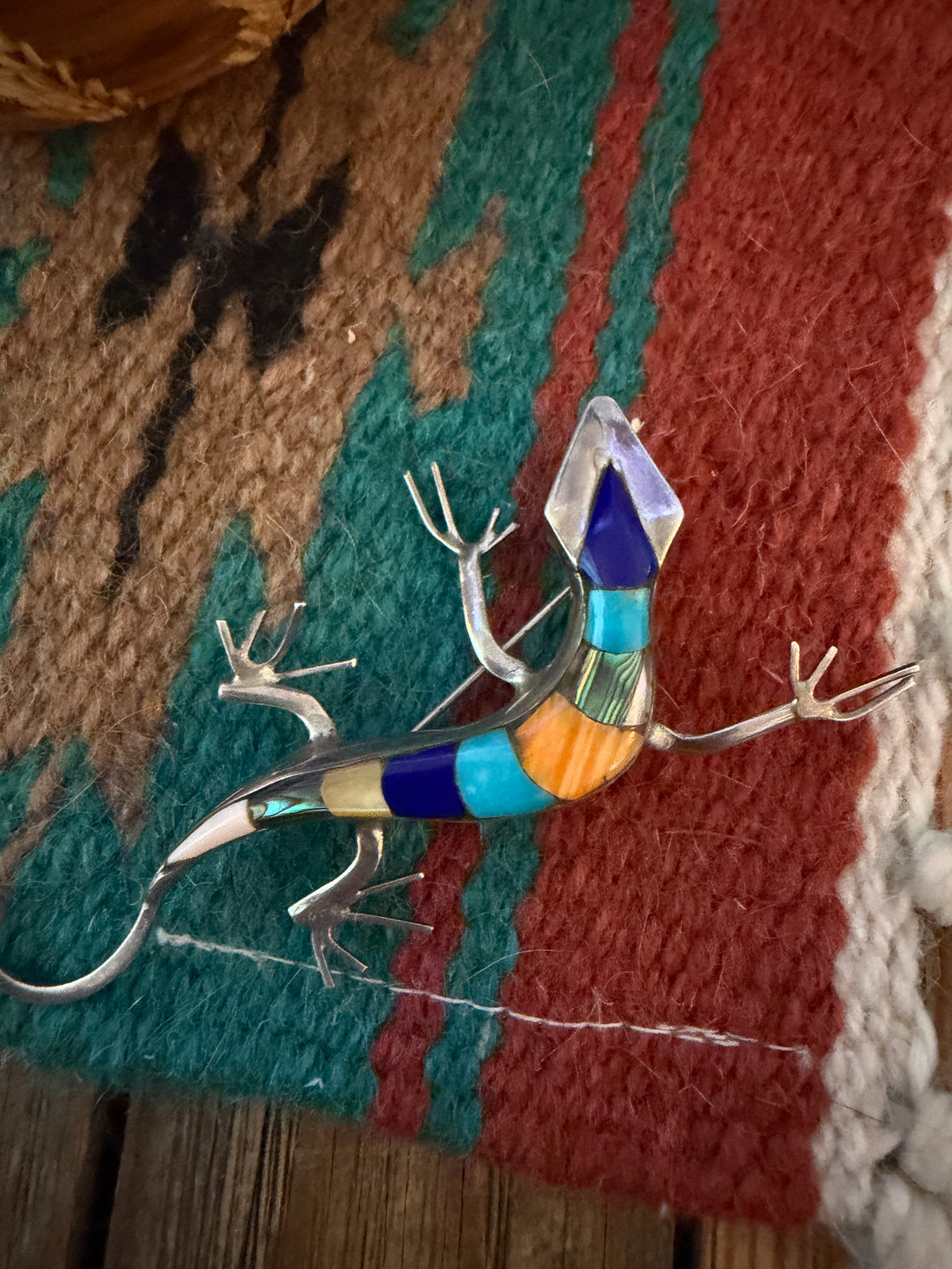Old Pawn Handcrafted Multi Stone & Sterling Silver Inlay Lizard Pendant/Brooch
