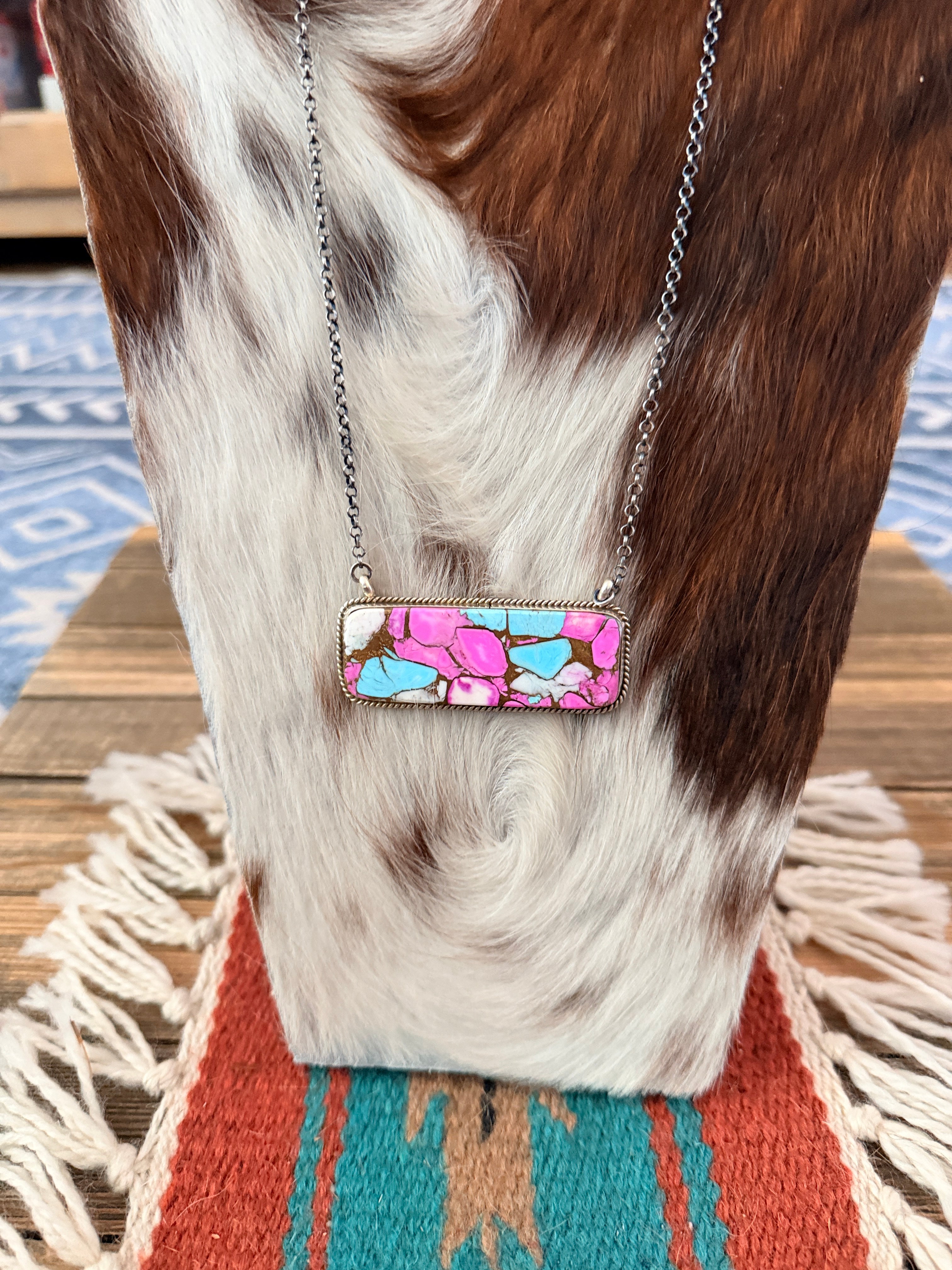 Handcrafted Cotton Candy & Sterling Silver Bar Necklace 18"