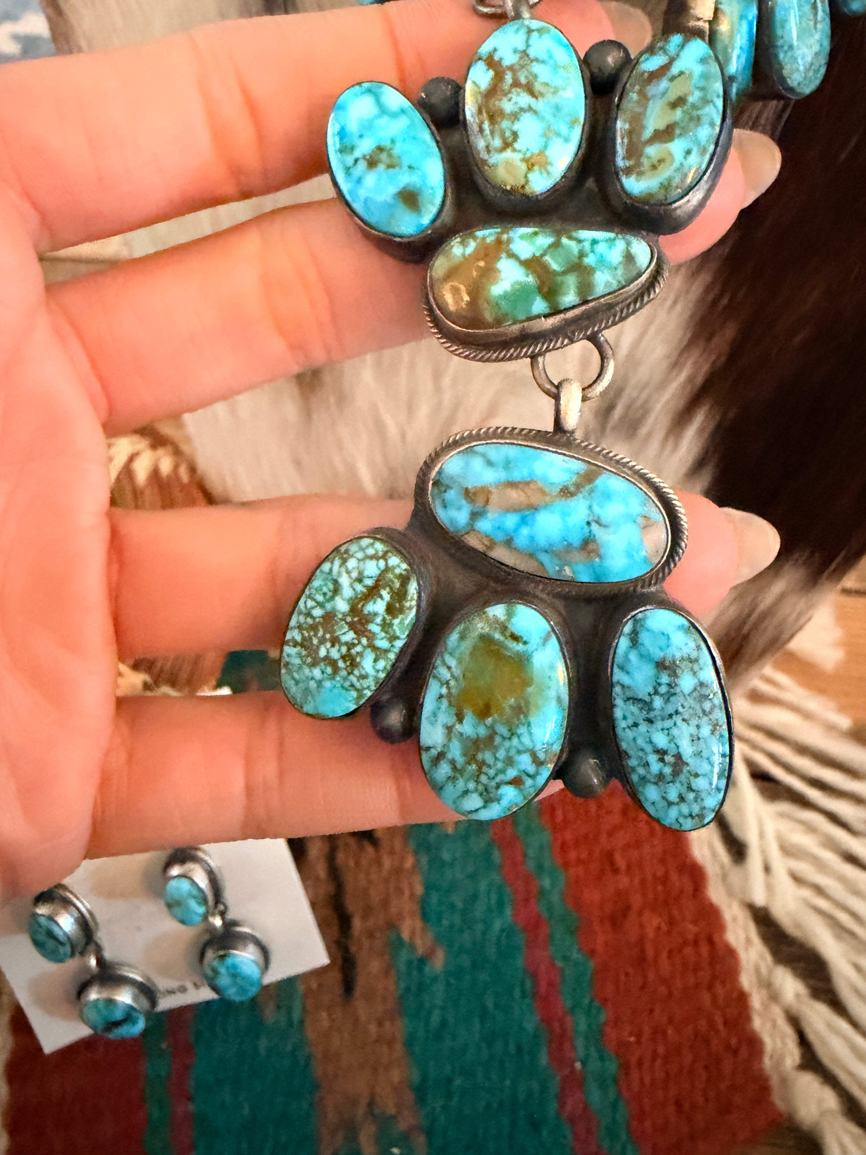 Handcrafted Blue Gem Turquoise & Sterling Silver Necklace and Earring Set by Bobby Johnson