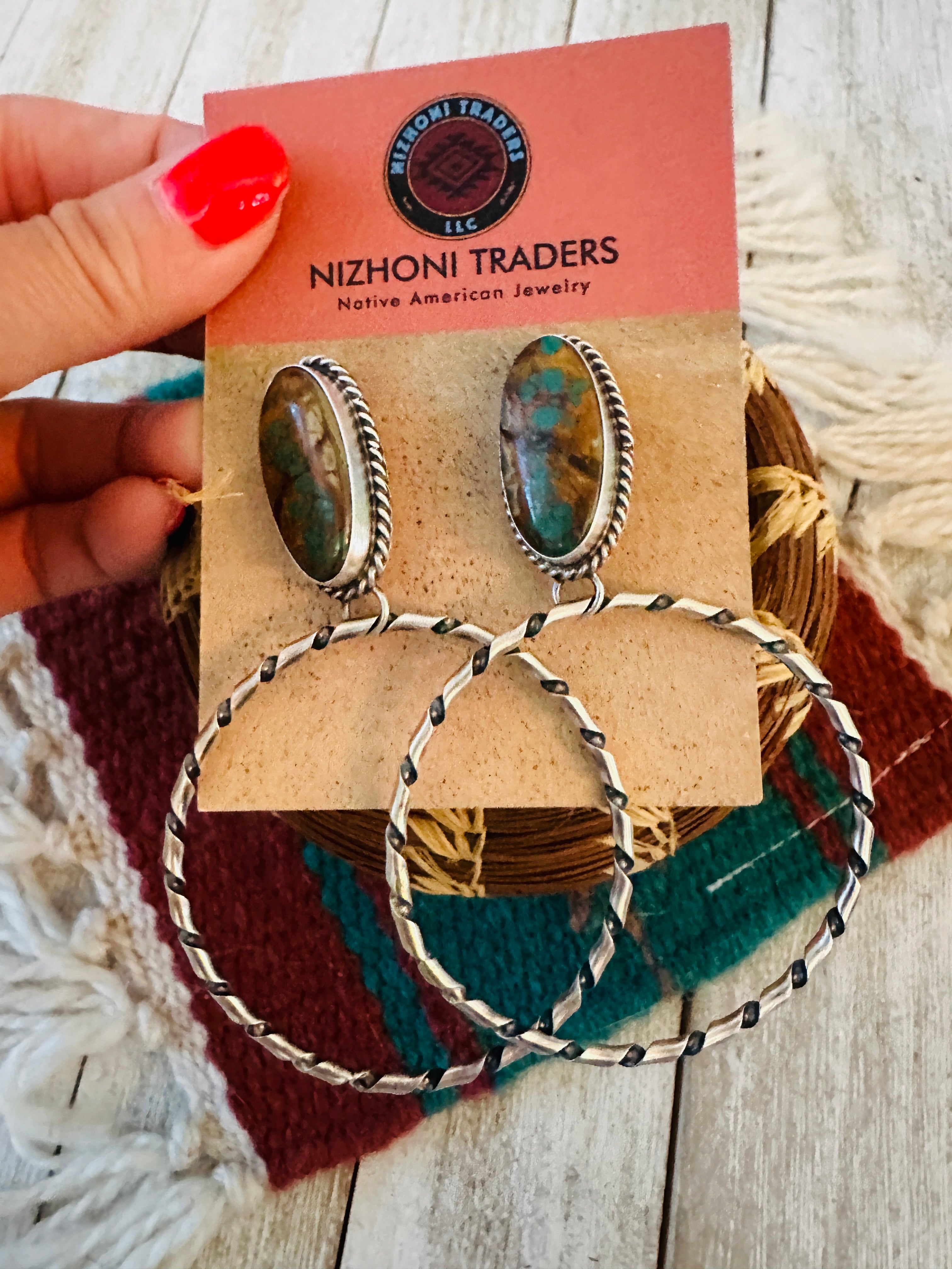 Navajo Ribbon Turquoise and Sterling Silver Dangle Hoop Earrings
