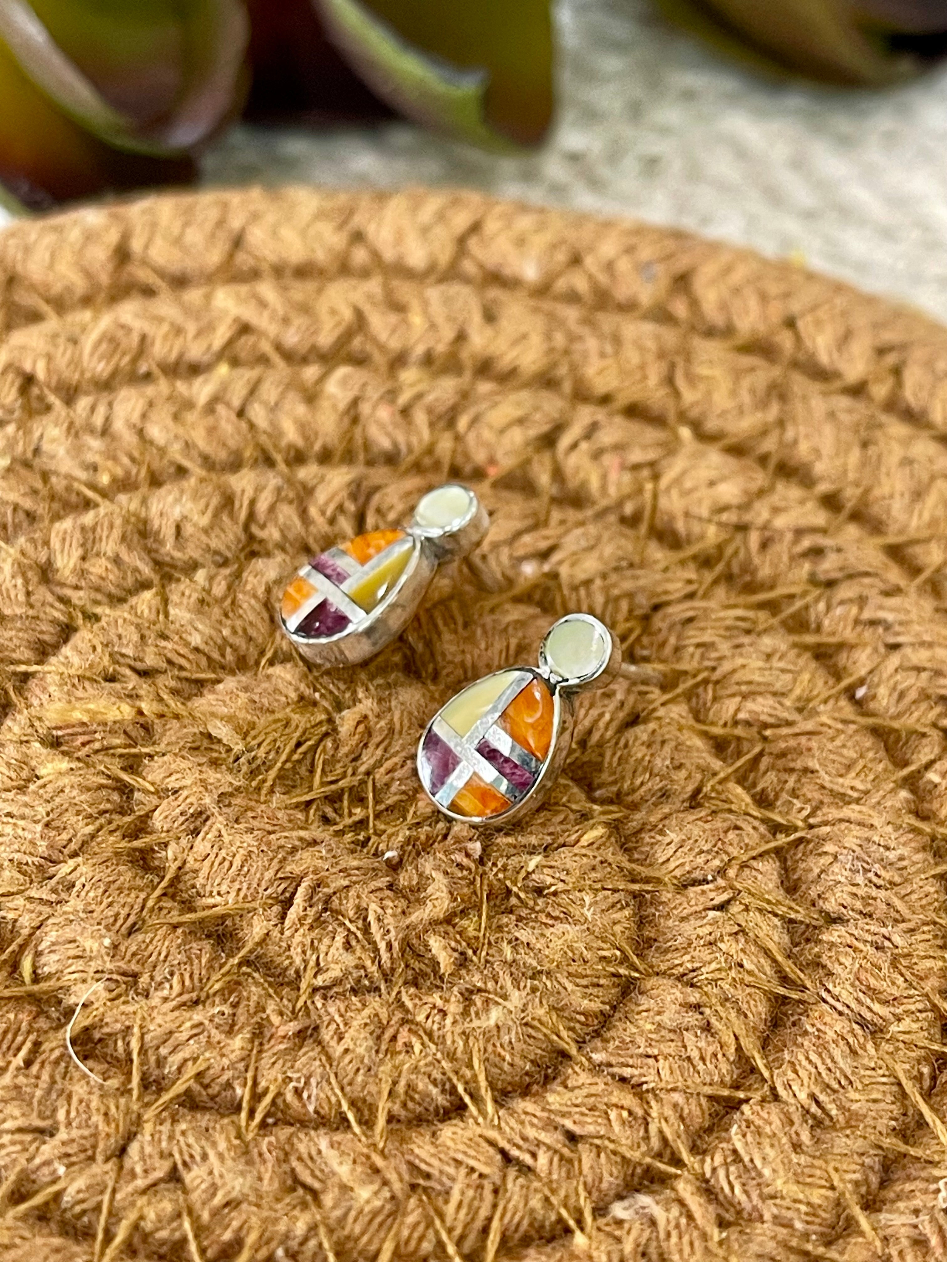 Gorgeous Handmade Sterling Silver & Multi Stone Inlay Post Earrings