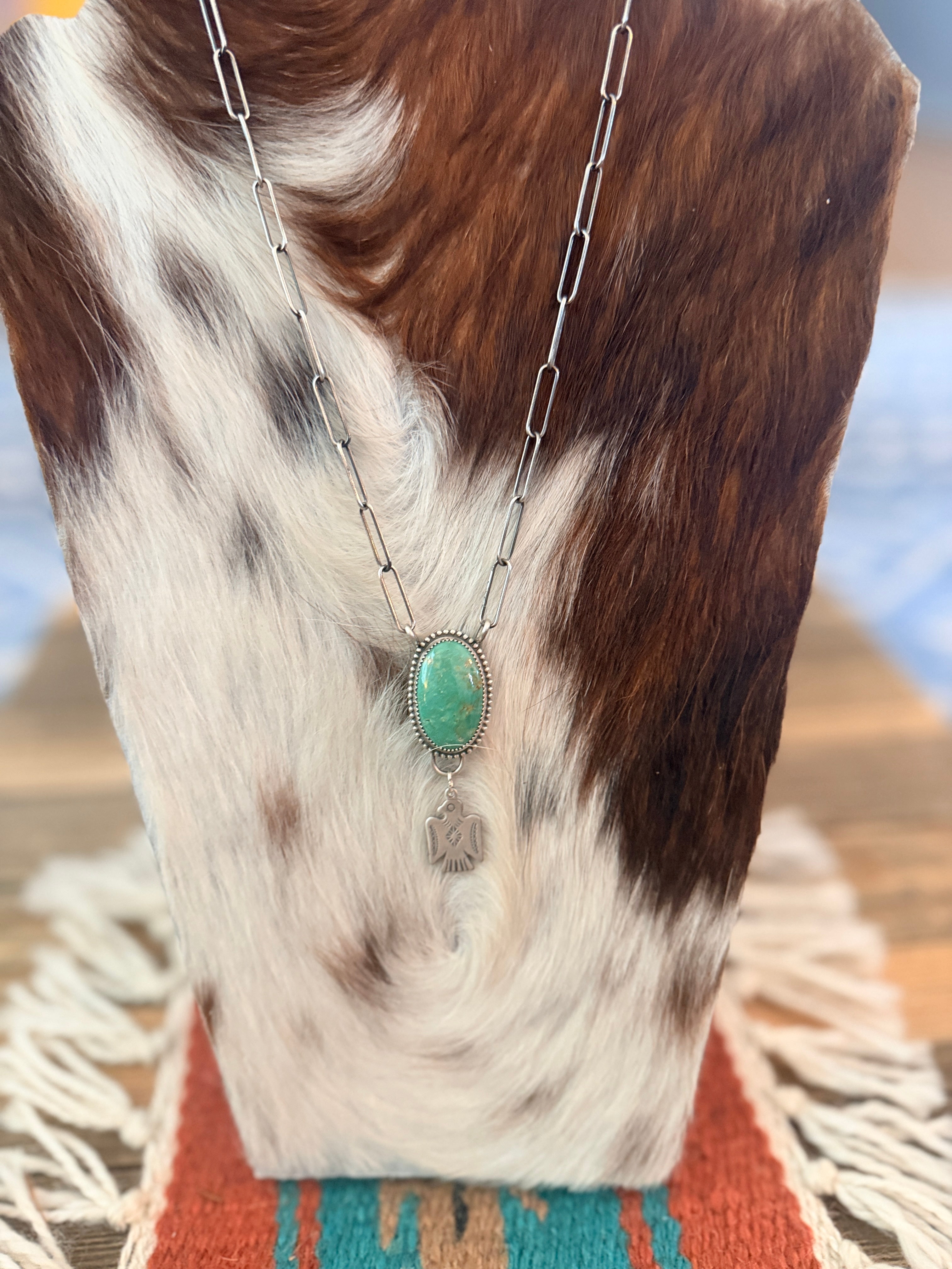 Handmade Sterling Silver & Tyrone Turquoise Thunderbird Necklace