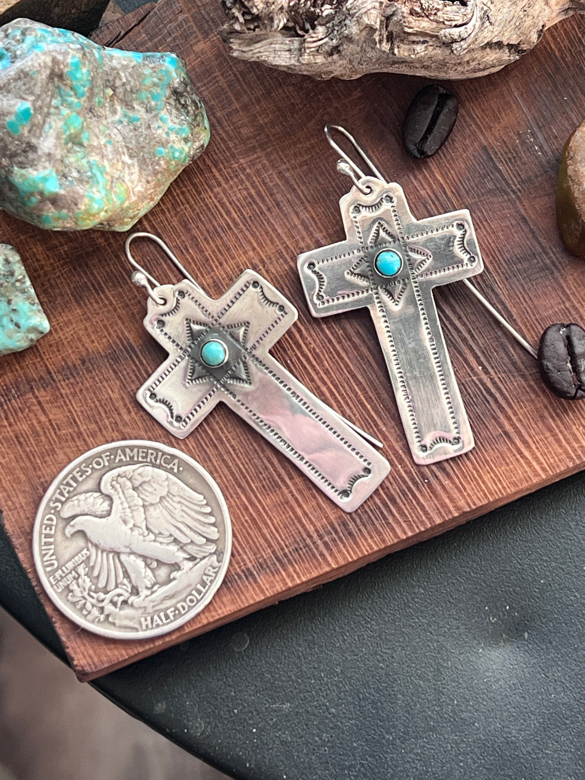 Hand Stamped Sterling Silver Cross Dangle Earrings with Turquoise by Kimari Somers