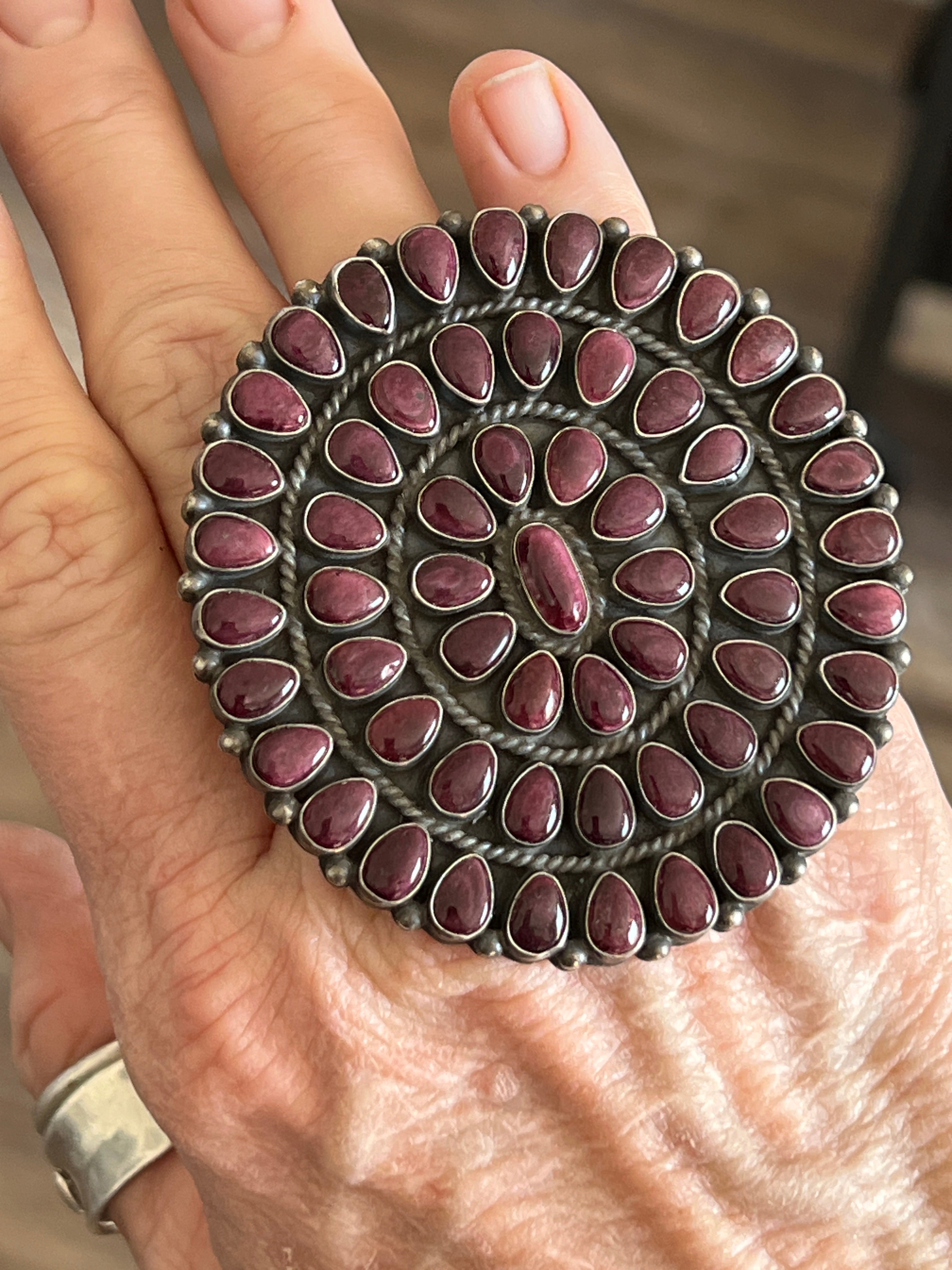 Handcrafted Sterling Silver and Purple Spiny Oyster Cluster Ring by Anthony Skeets, Size 7