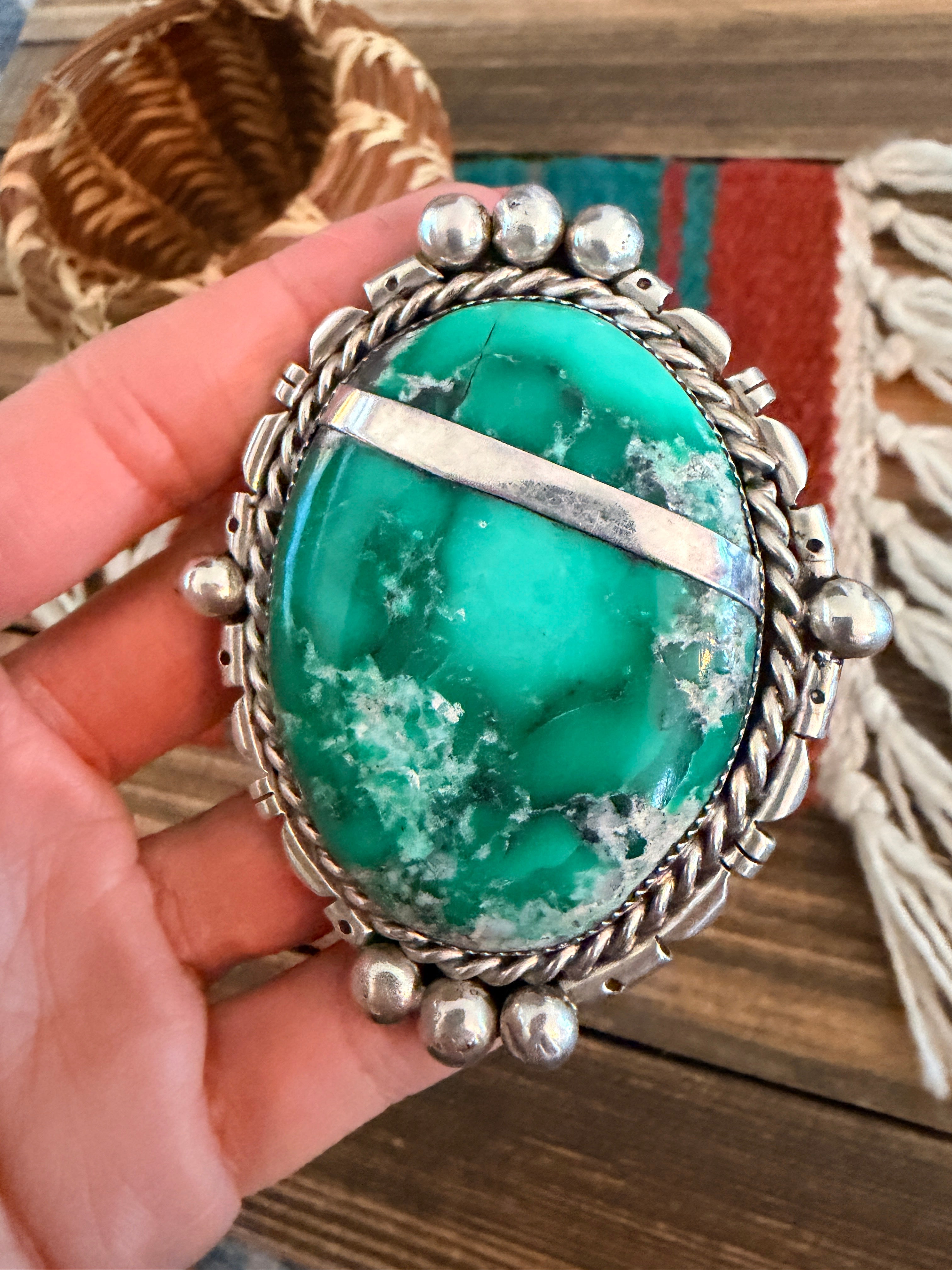 Old Pawn Handcrafted Variscite & Sterling Silver Ring Size 9