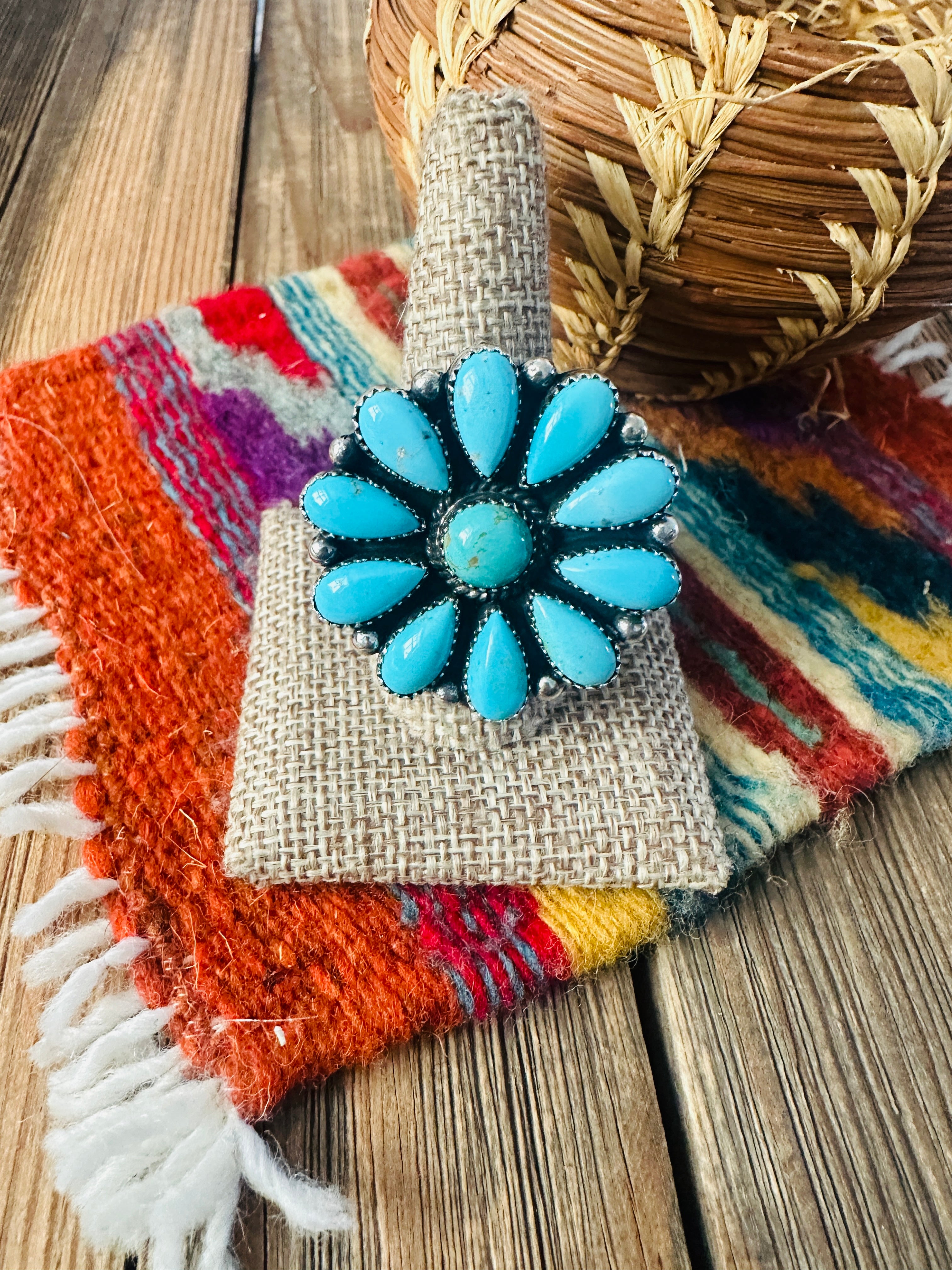 Handcrafted Turquoise & Sterling Silver Adjustable Cluster Ring