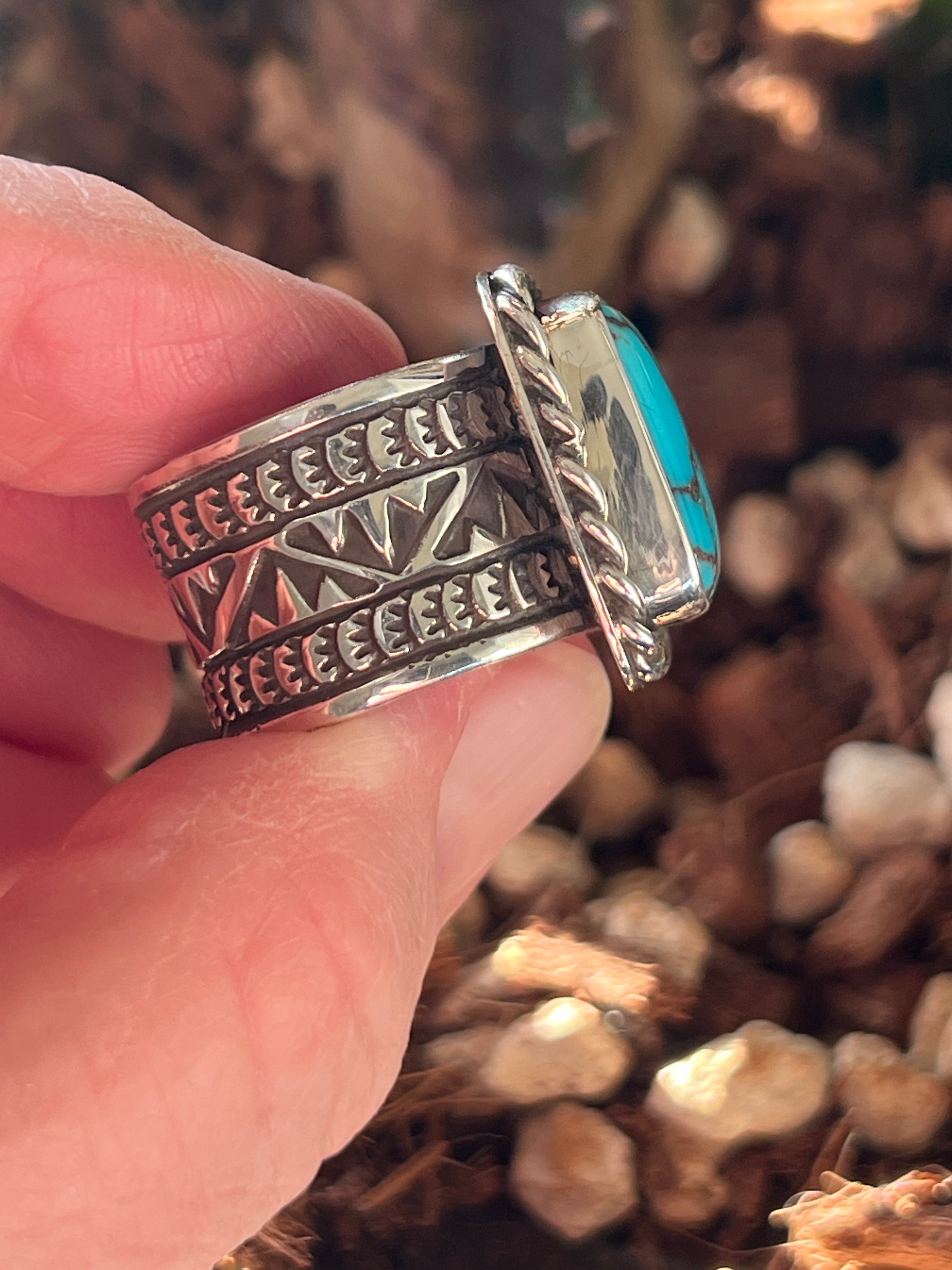 Handcrafted Hand Stamped Sterling Silver Wide Shank Ring with Egyptian Turquoise by Shaun Rogers, Size 9