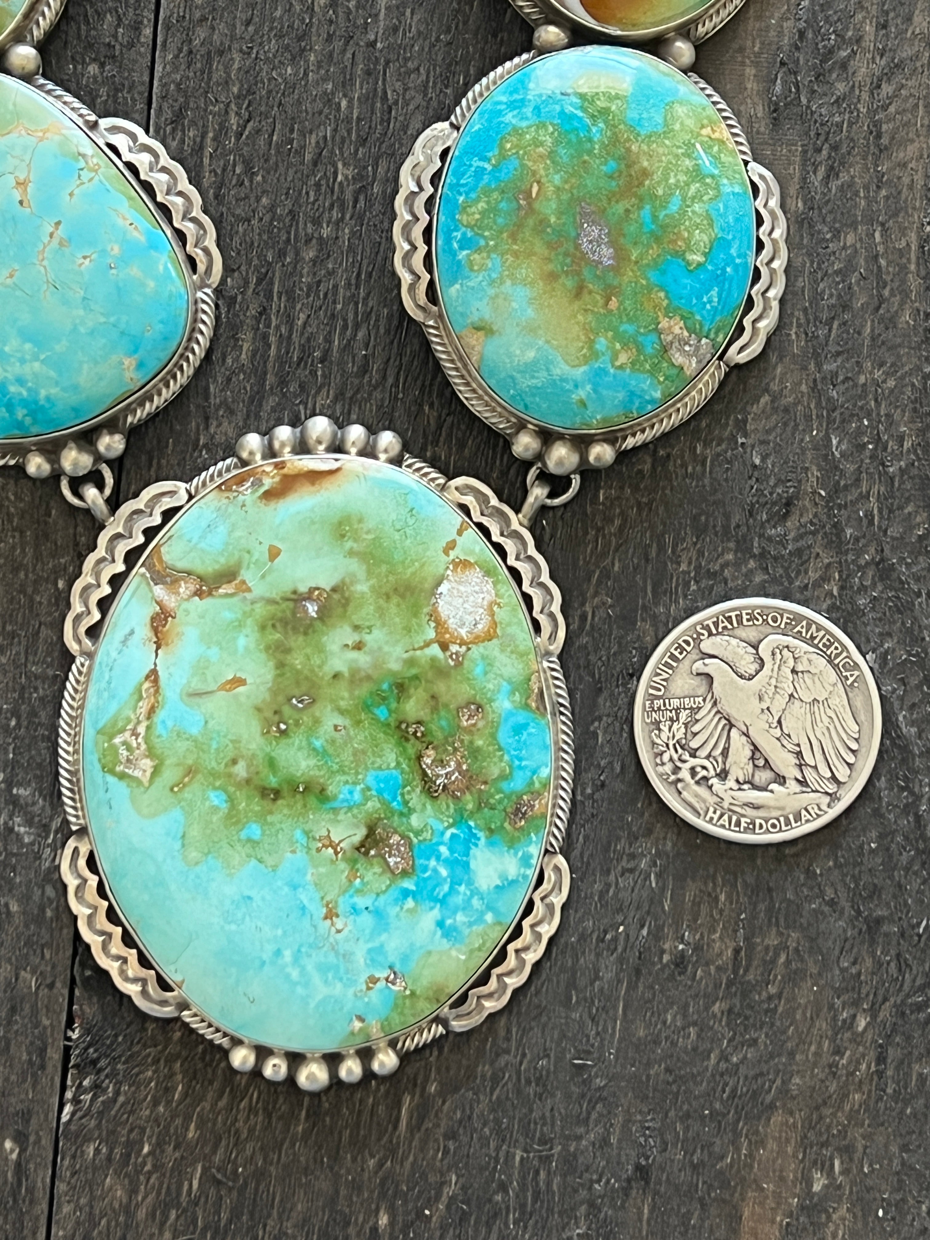 Massive Navajo Sterling Silver and Sonoran Mountain Turquoise Statement Necklace with Earrings by Talila Benally