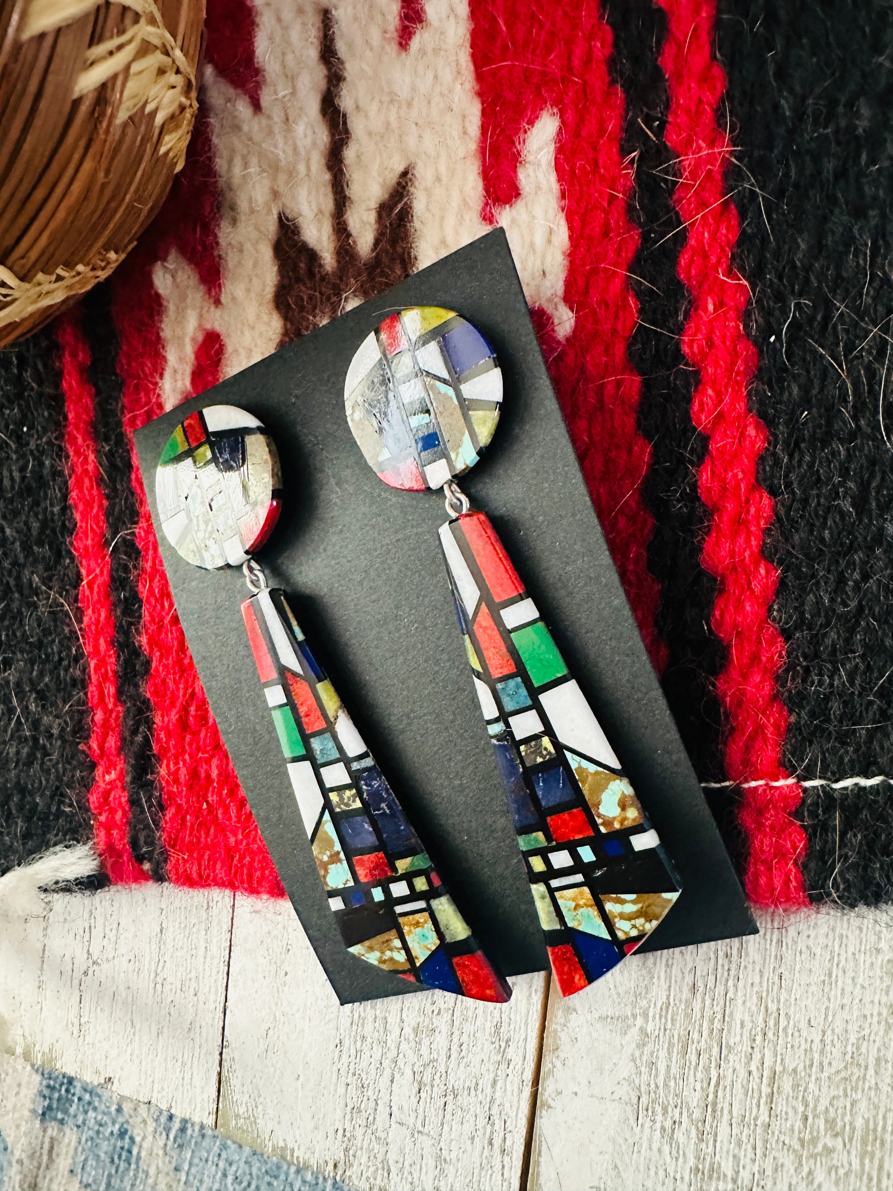 Handcrafted Multi Stone Inlay Dangle Earrings