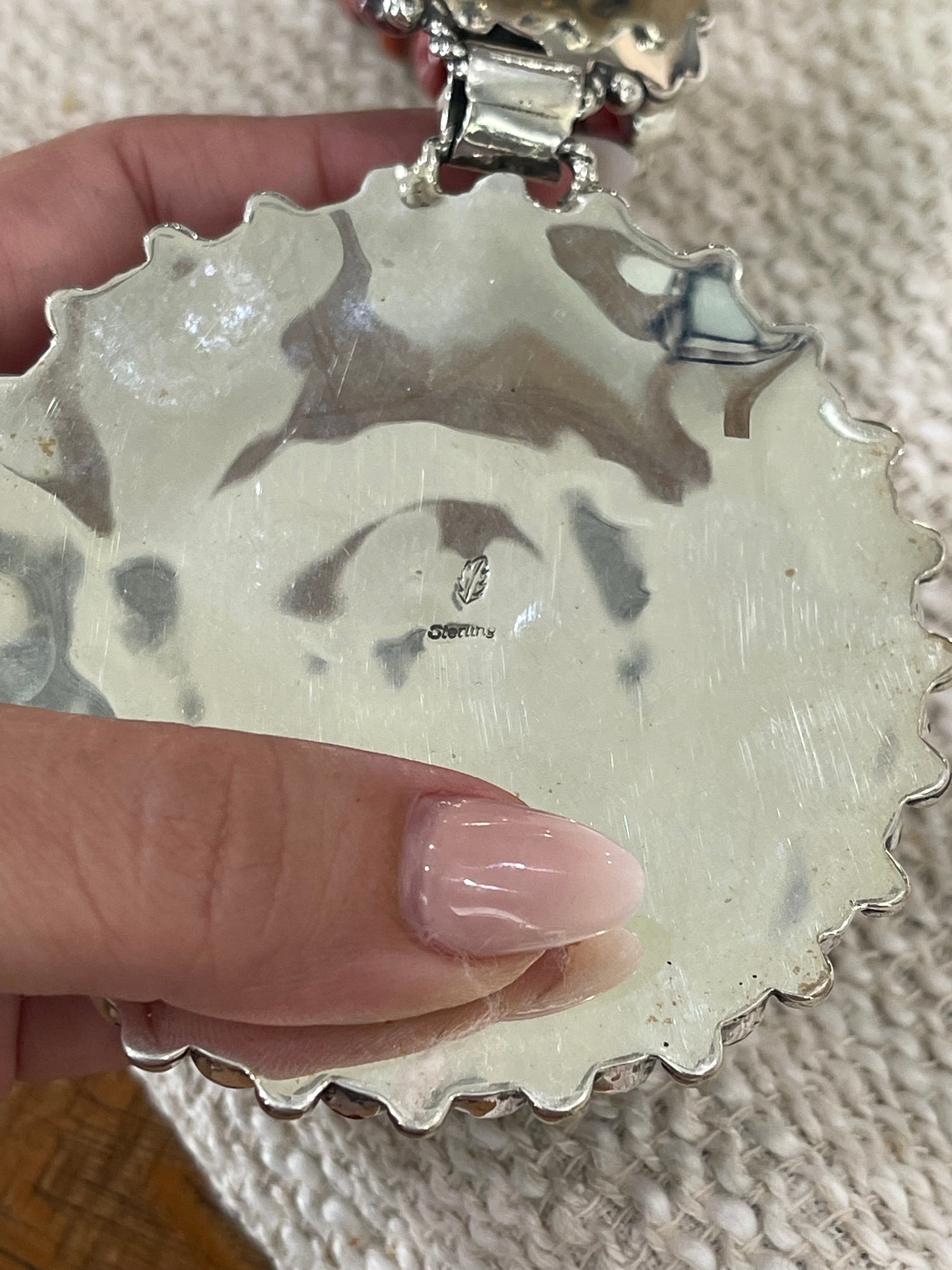 Beautiful Handmade Sterling Silver, Turquoise & Red Spiny Cluster Necklace And Earring Set