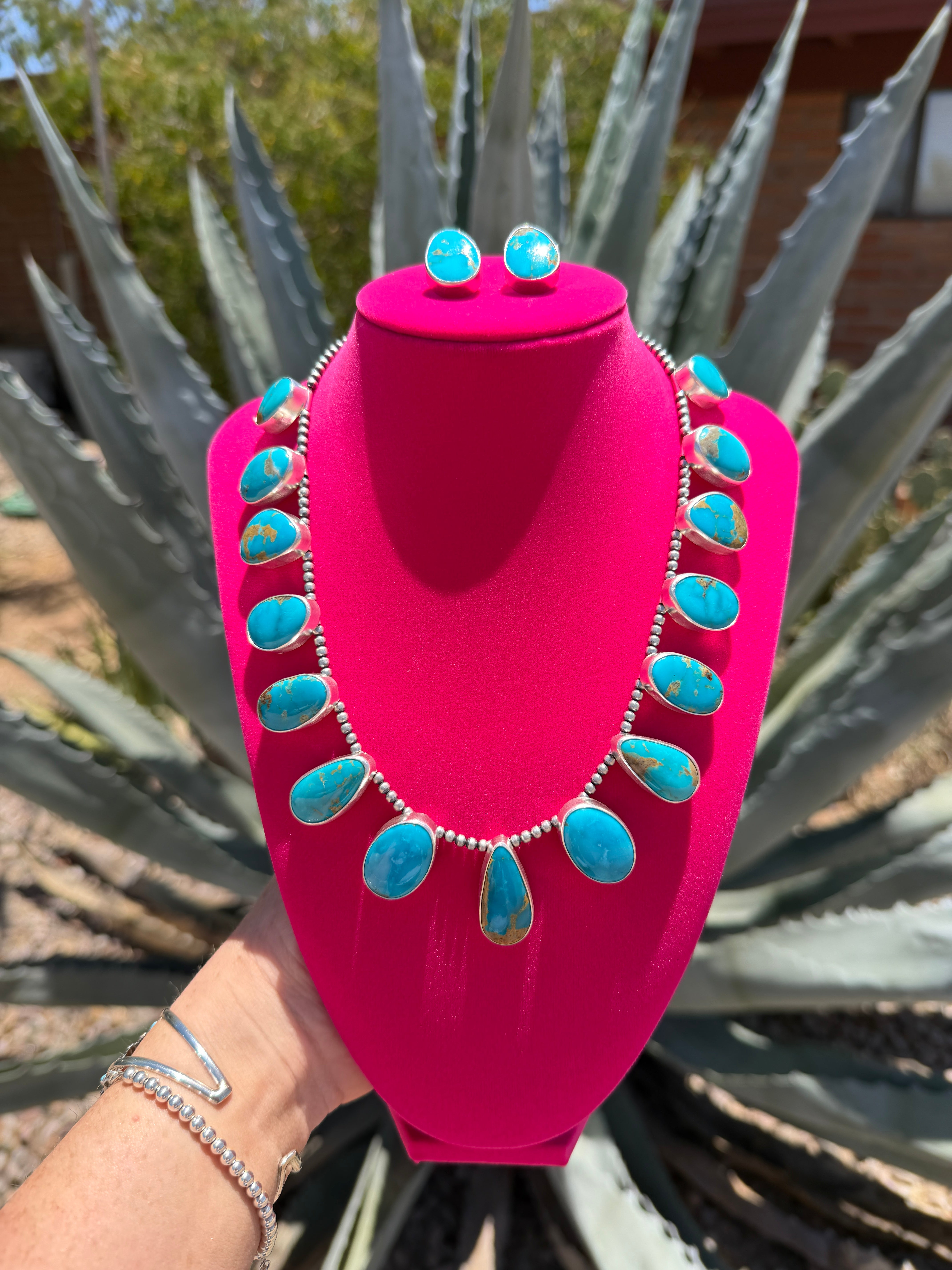 Handcrafted Turquoise & Sterling Silver Necklace and Earring Set