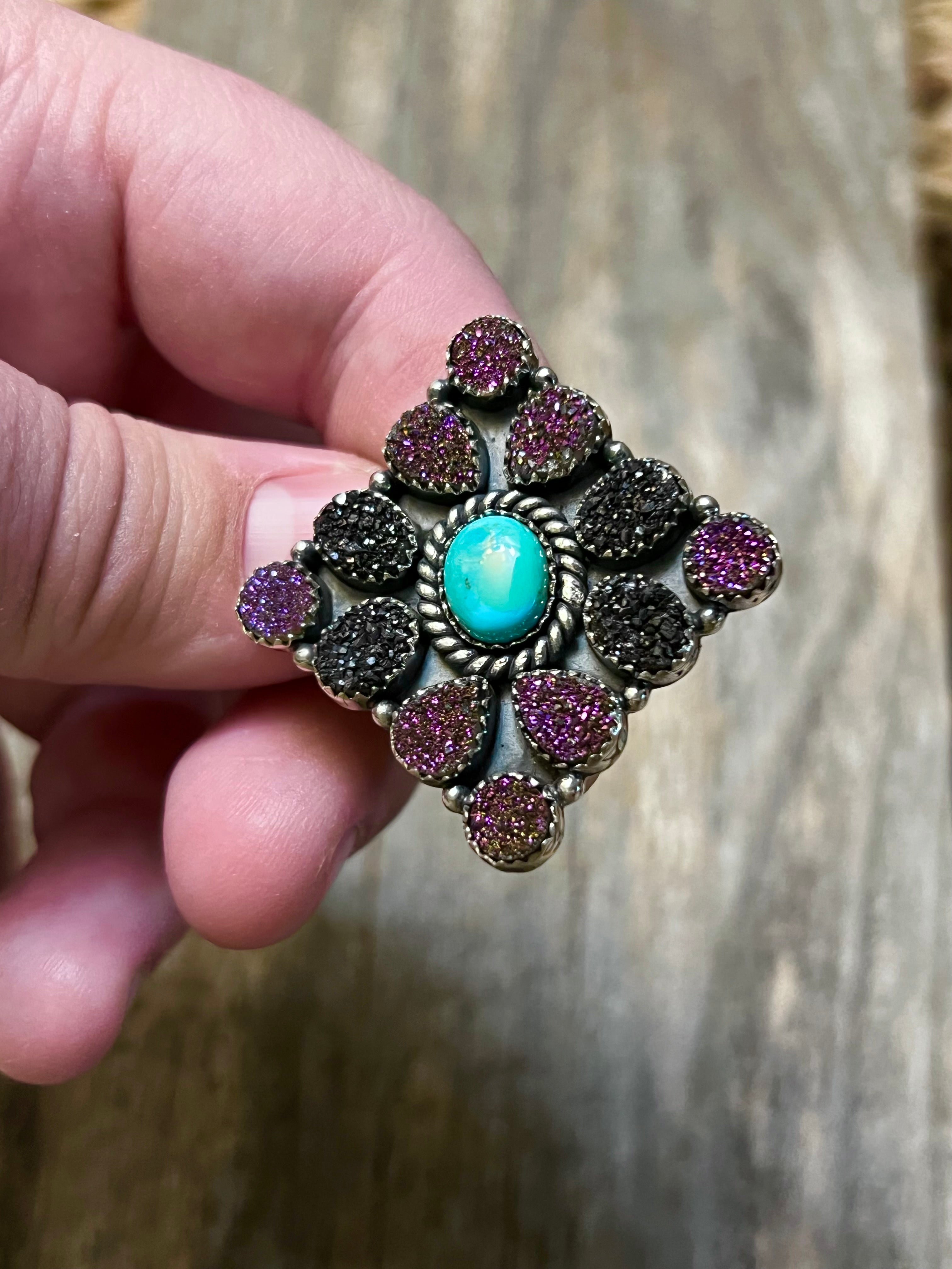 Handmade Turquoise With Purple & Black Druzy Cluster Sterling Silver Adjustable Ring