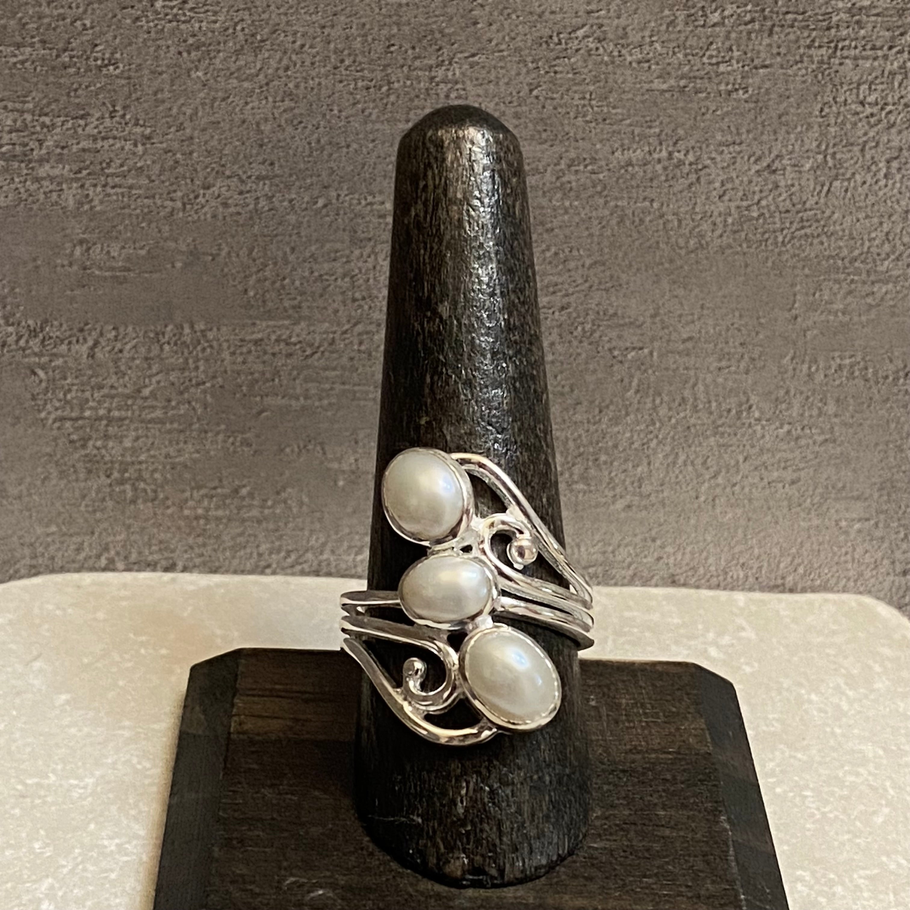 Sterling Silver Intricate Etched Three Stone Pearl Ring