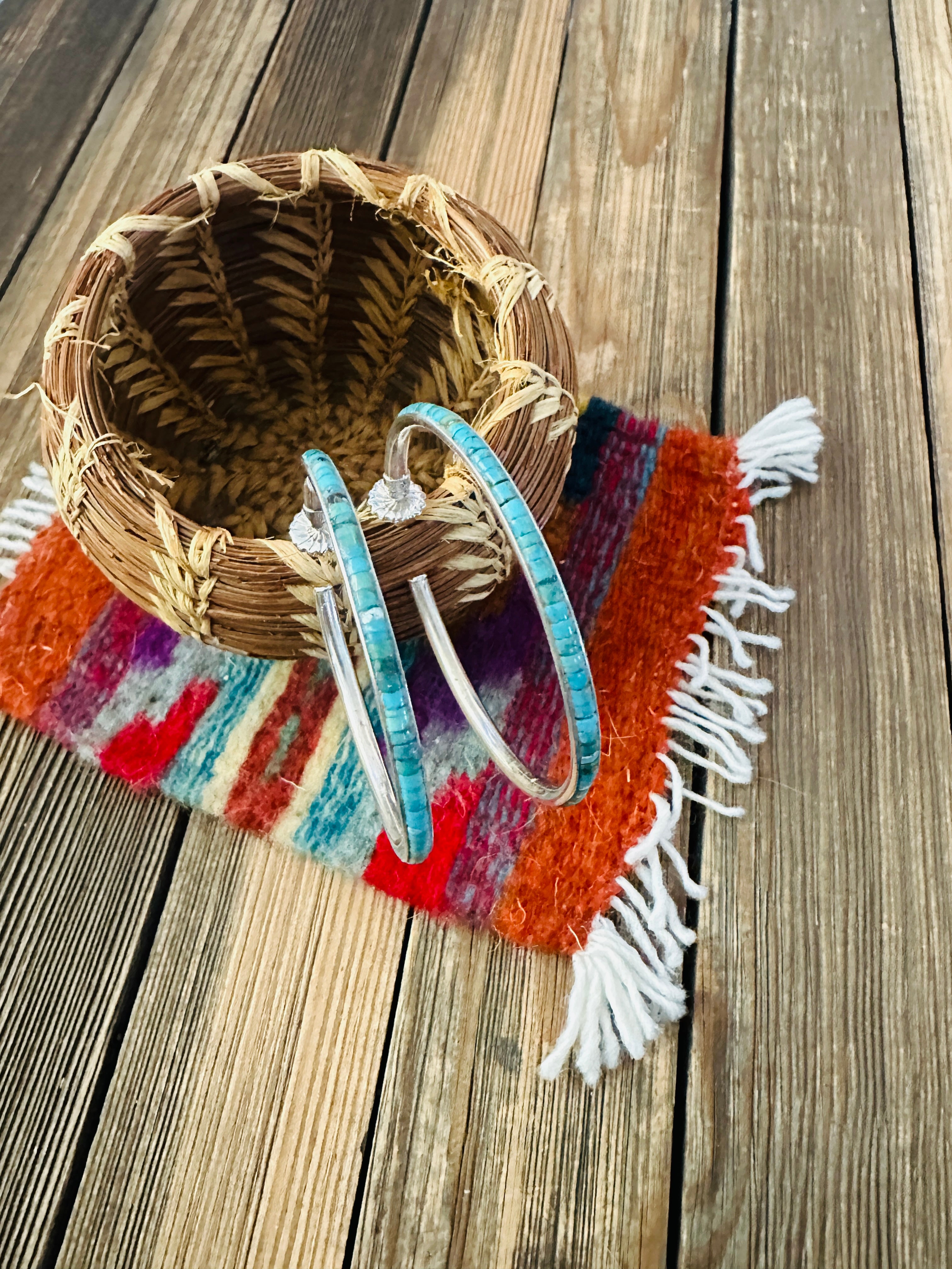Handcrafted Turquoise & Sterling Silver Hoop Earrings by Federico Jimenez
