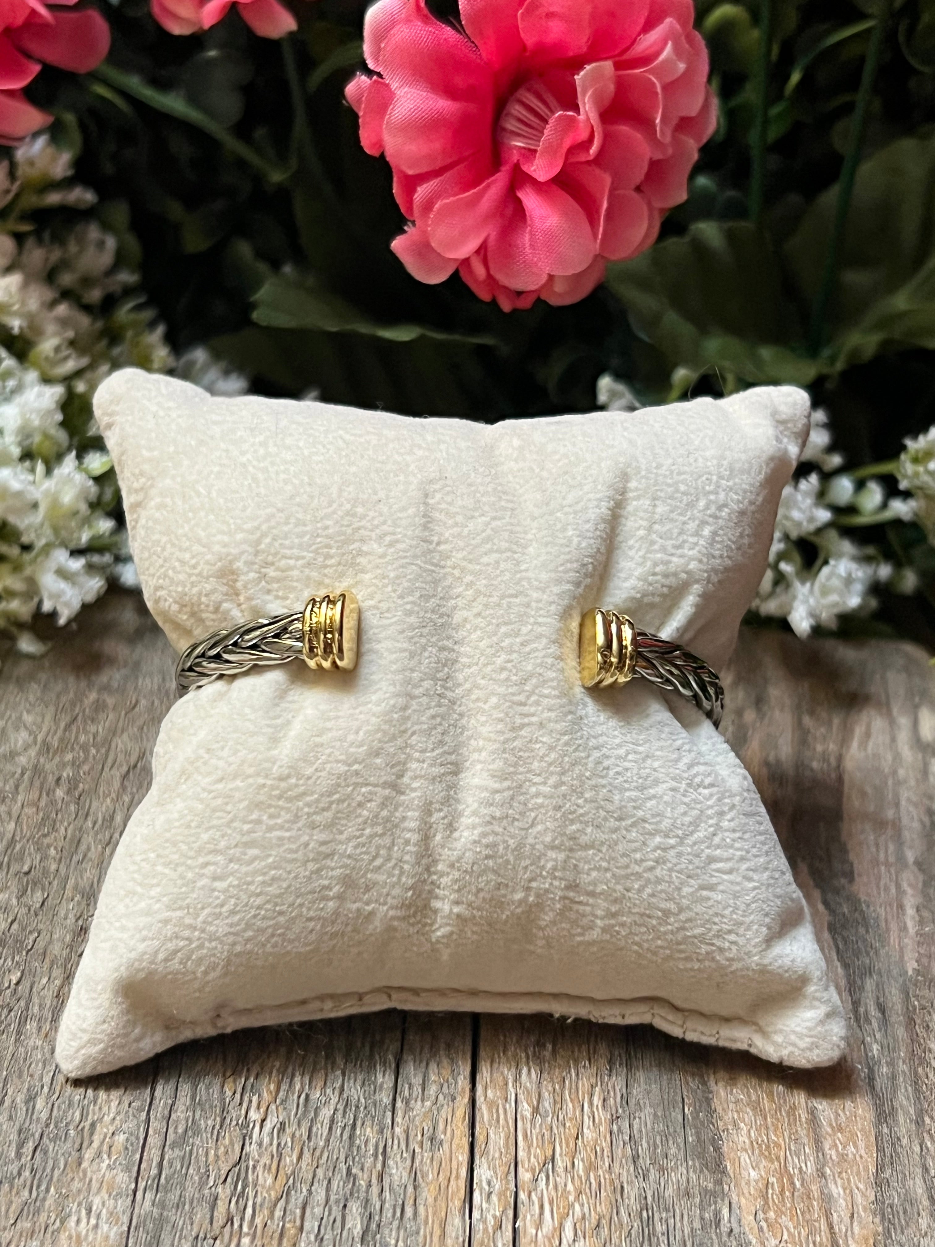 Silver & 14k Gold Plated Two Tone Ponytail CZ 3-Heart Bangle Bracelet