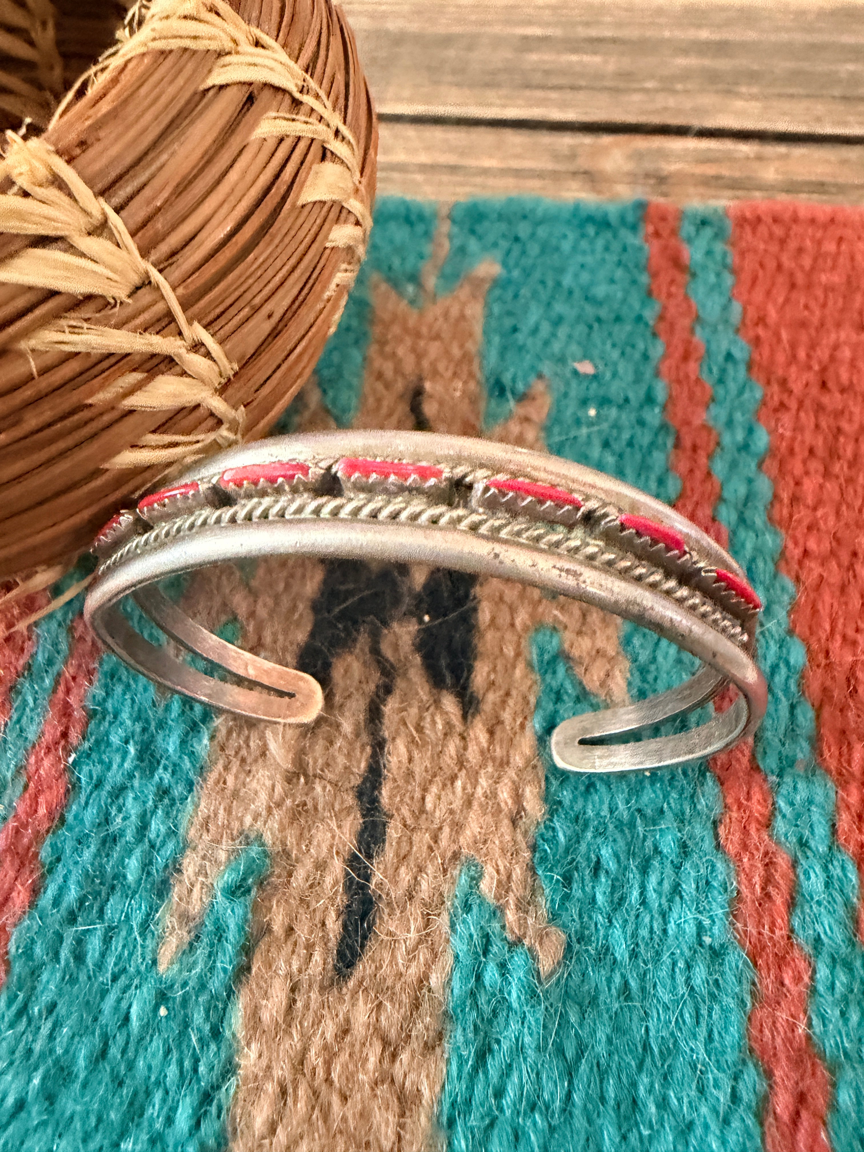 Handcrafted Old Pawn Sterling Silver & Coral Needlepoint Cuff Bracelet