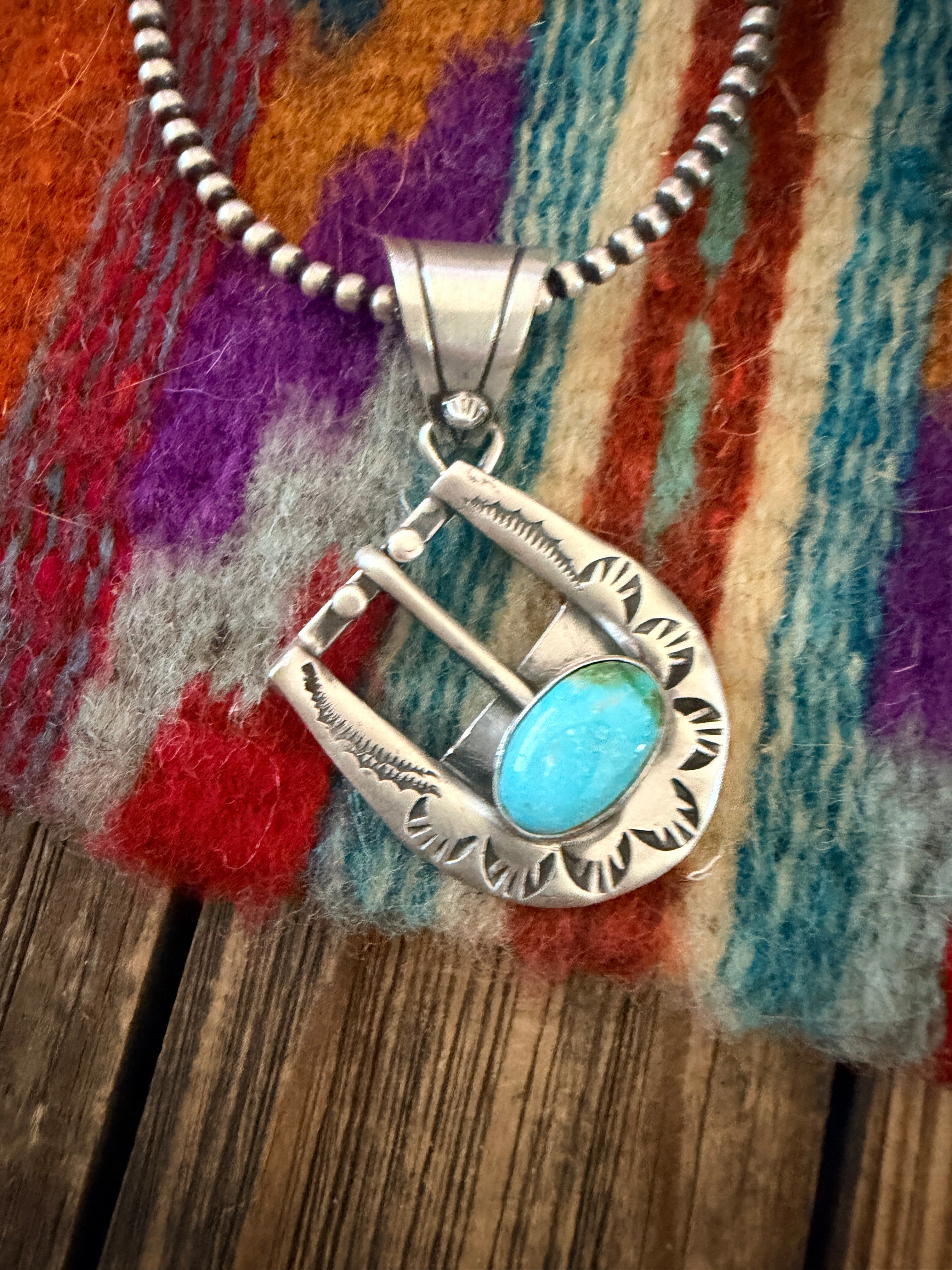 Handcrafted Sterling Silver & Turquoise Belt Buckle Pendant by Leroy James