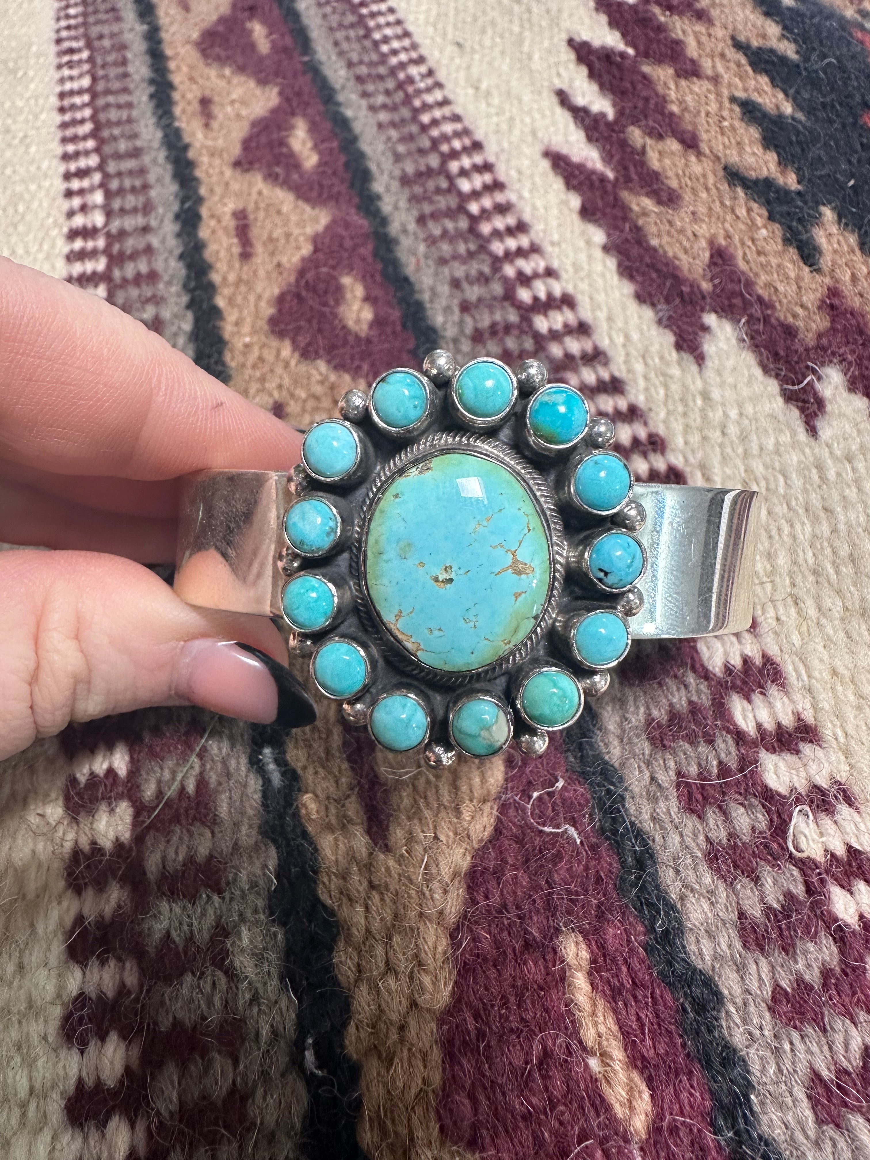 Beautiful B Johnson Navajo Sterling Turquoise Cluster Bracelet Cuff Signed /