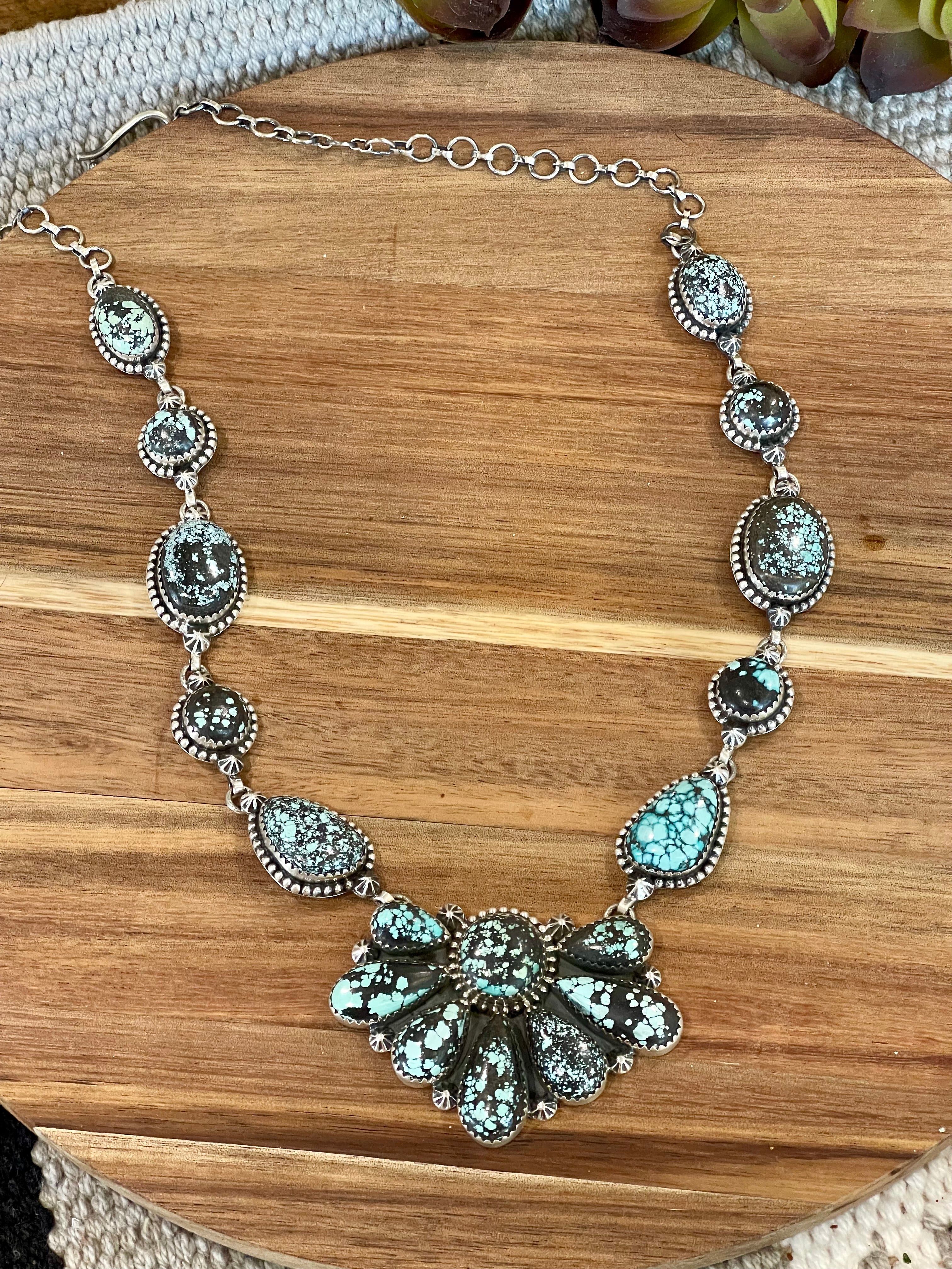 Handmade Sterling Silver & New Lander Turquoise Necklace Signed Nizhoni