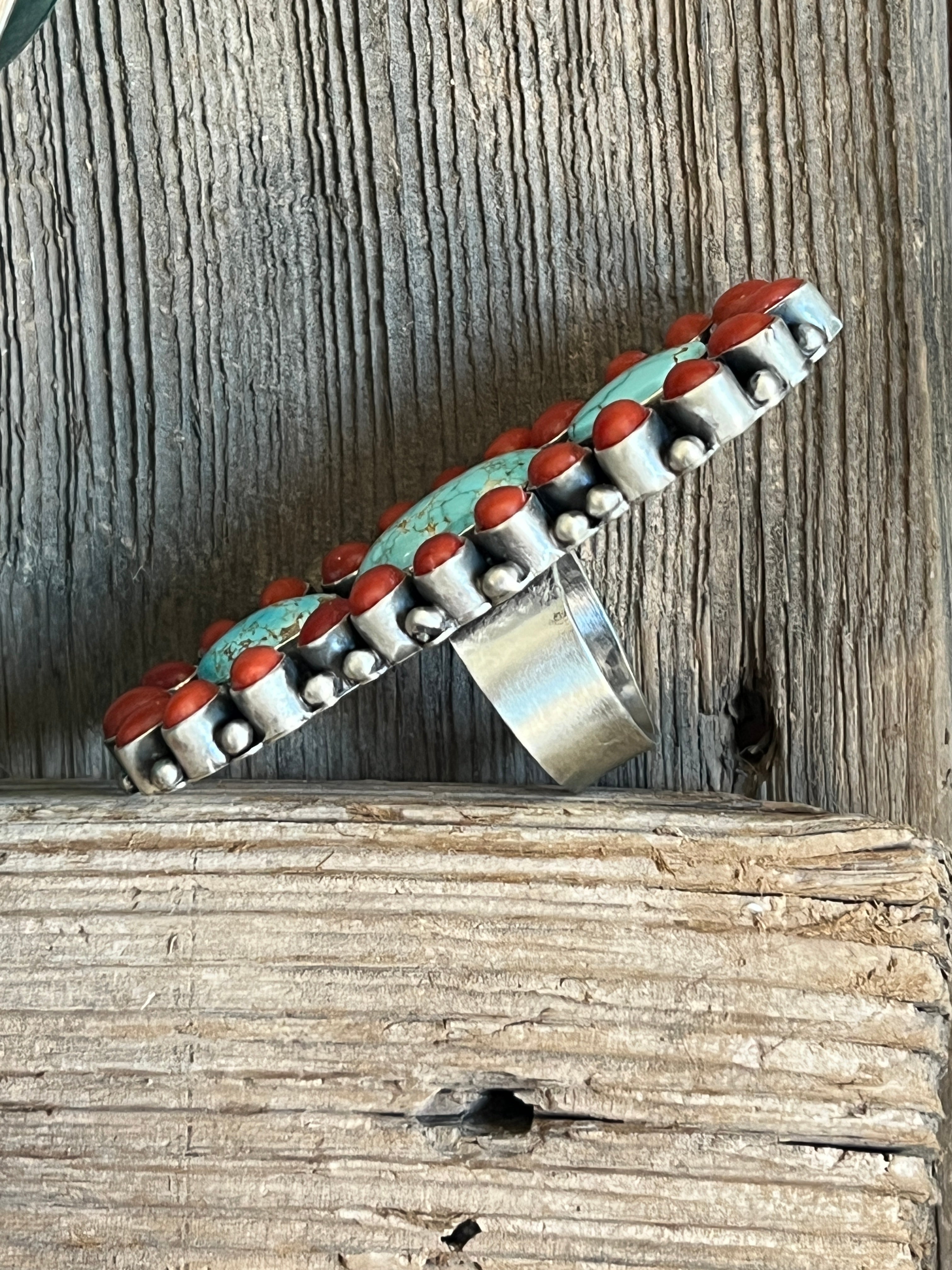 Handcrafted Sterling Silver, Coral and Number 8 Turquoise Ring by Darrin Livingston, Size 9