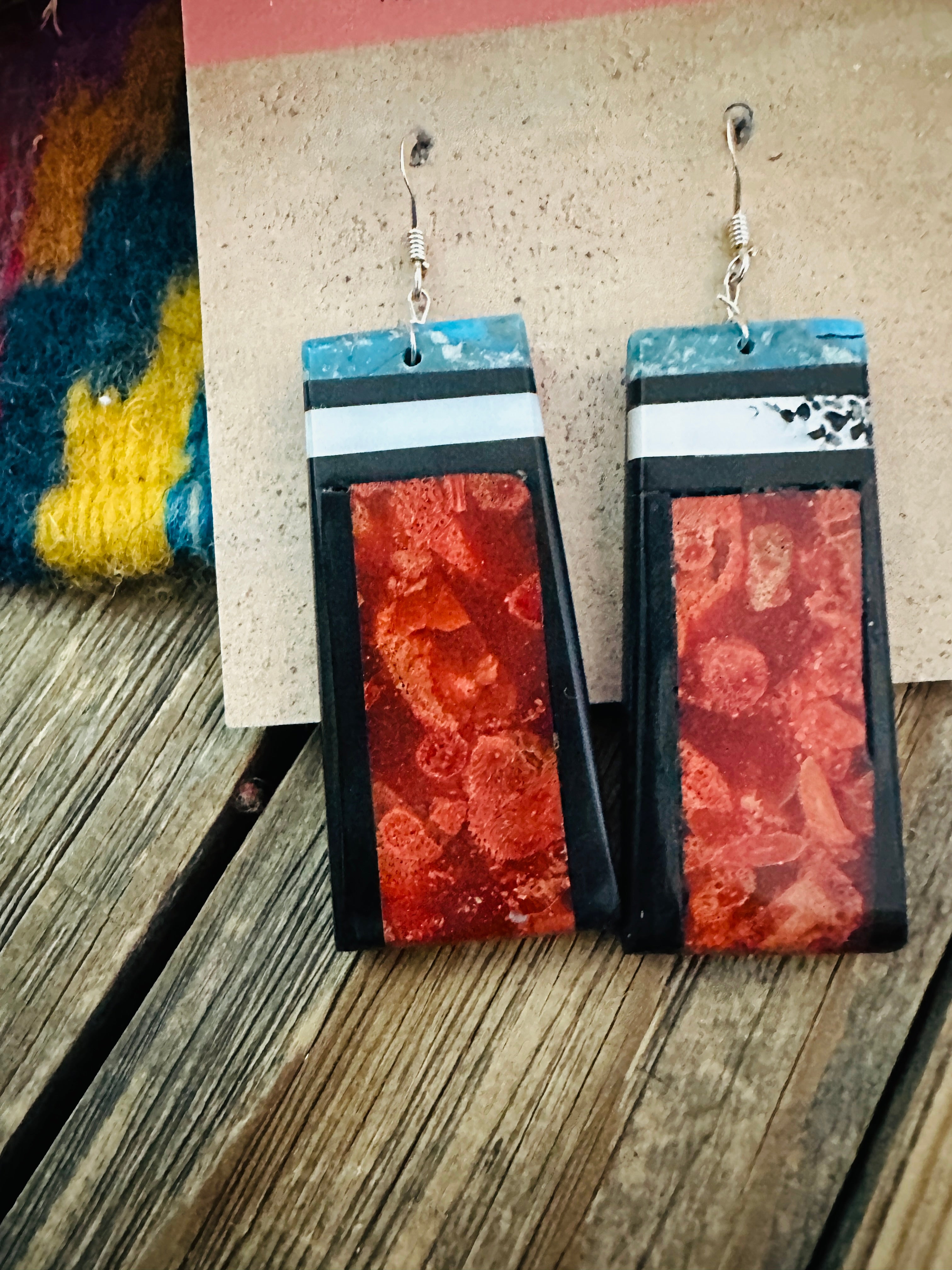 Handcrafted Multi Stone Inlay Slab Dangle Earrings
