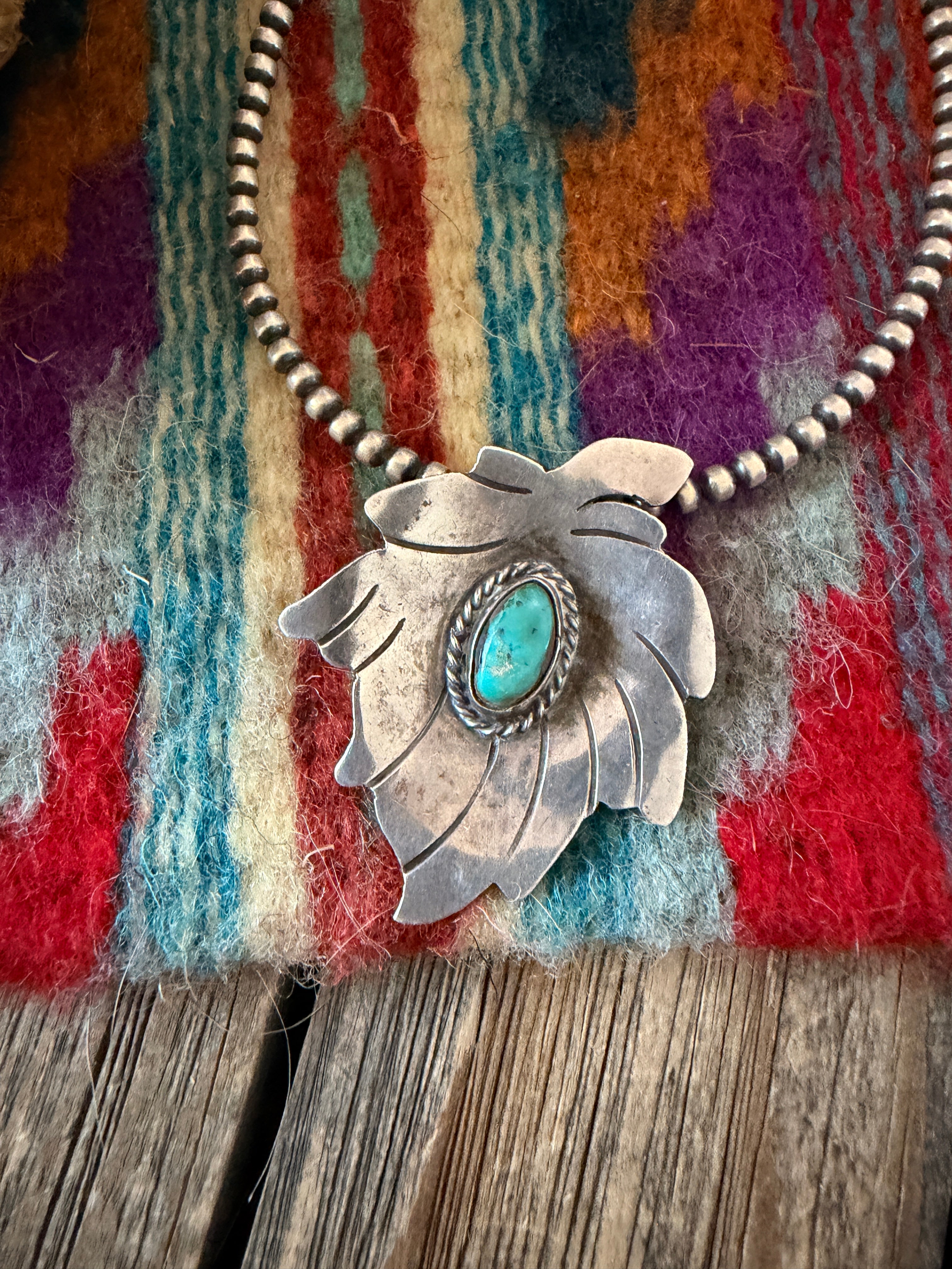 Old Pawn Handcrafted Turquoise and Sterling Silver Leaf Pendant