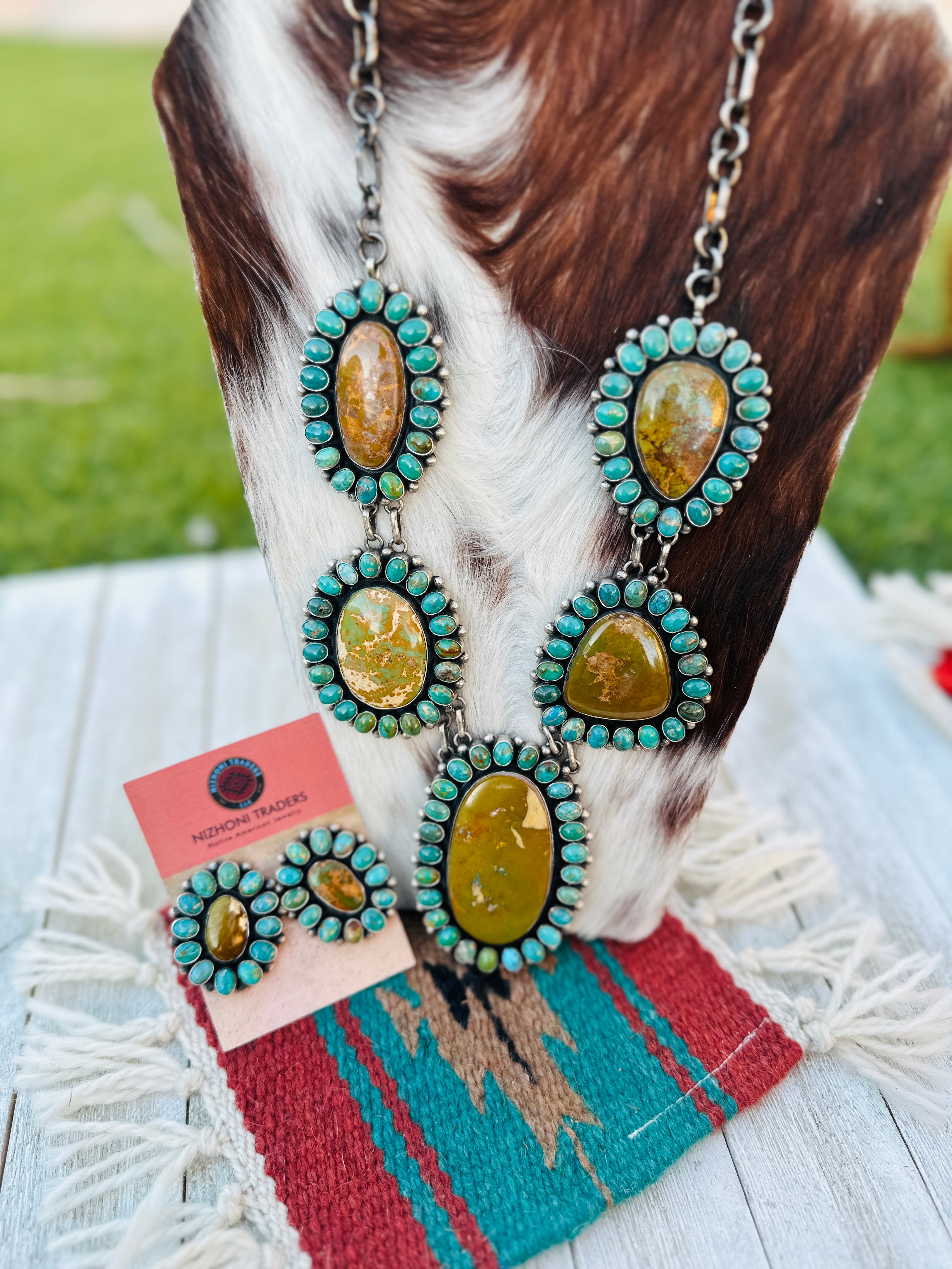 Handcrafted Royston, Kingman Turquoise & Sterling Silver Necklace and Earring Set by Blaine Yellowhorse