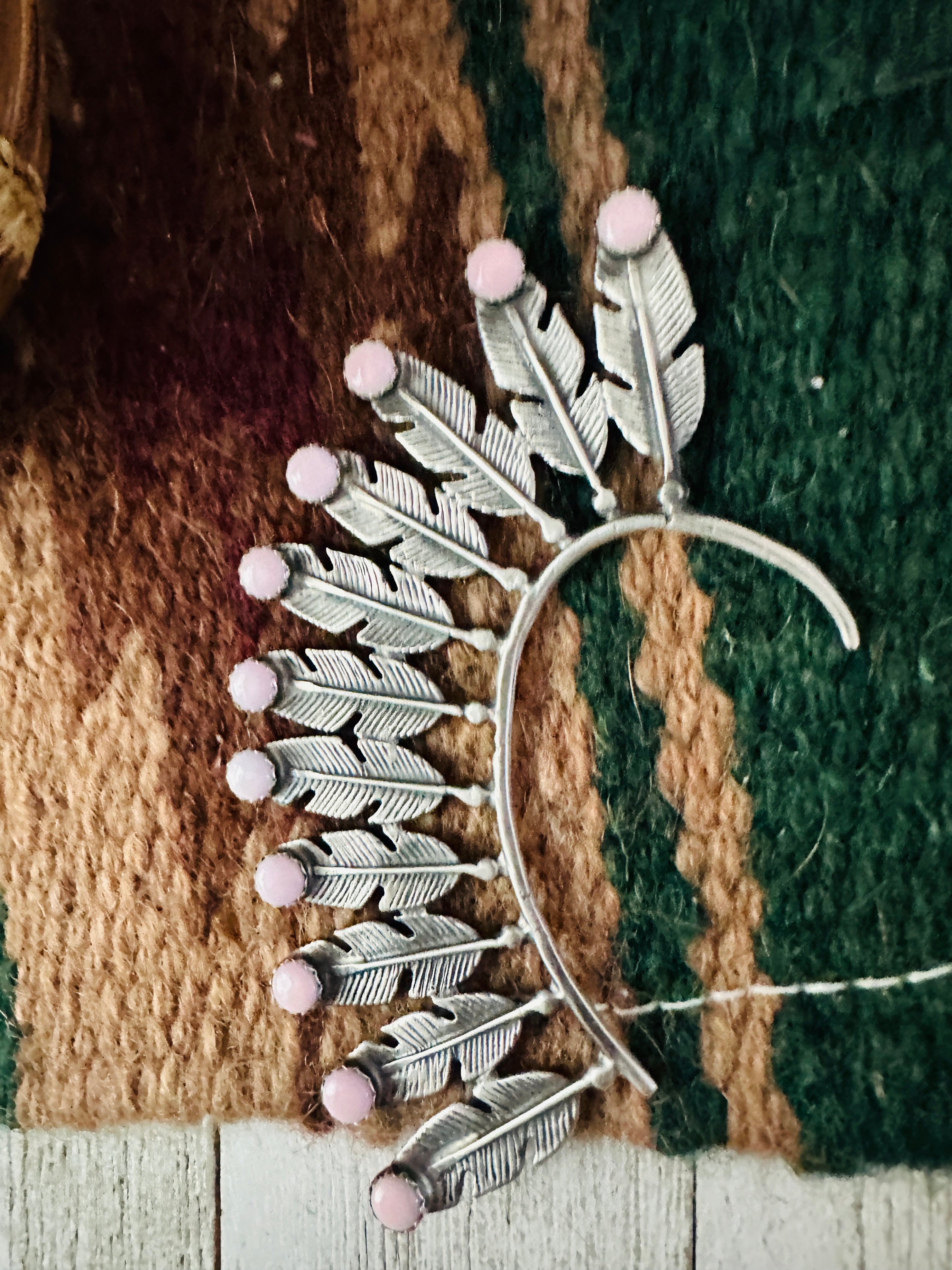 Handcrafted Queen Pink Conch & Sterling Silver Feather Cuff Earring
