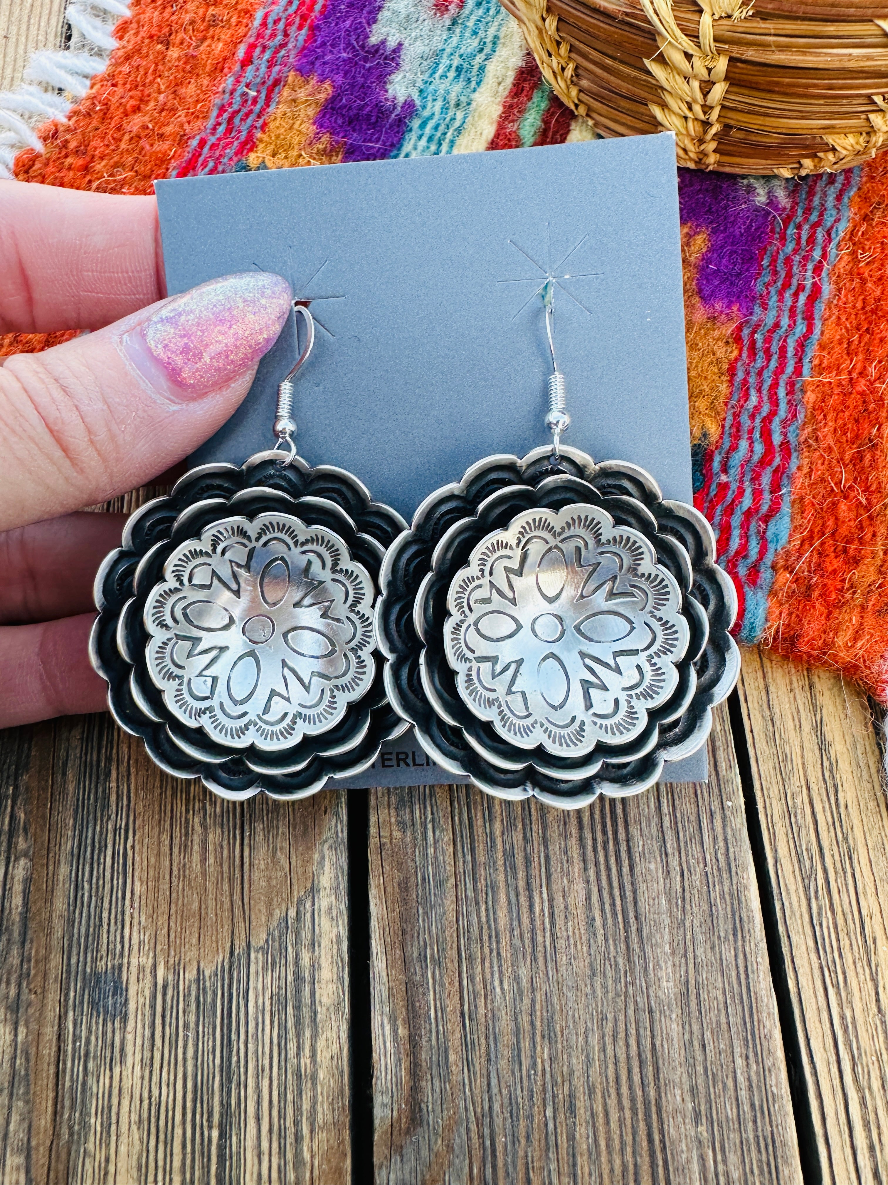 Handcrafted Sterling Silver Concho Dangle Earrings by Leander Tahe