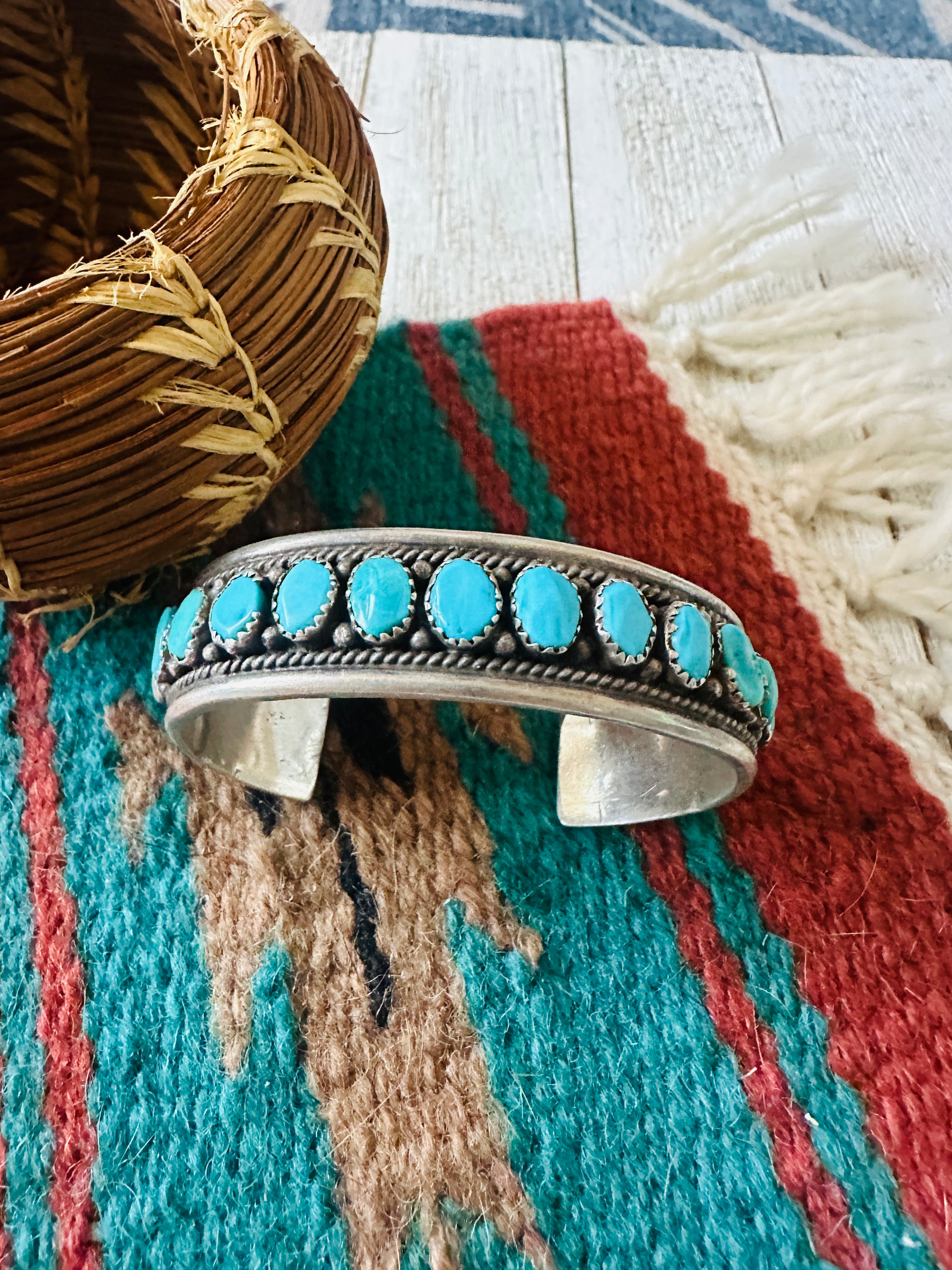 Old Pawn Navajo Sterling Silver & Turquoise Cuff Bracelet /
