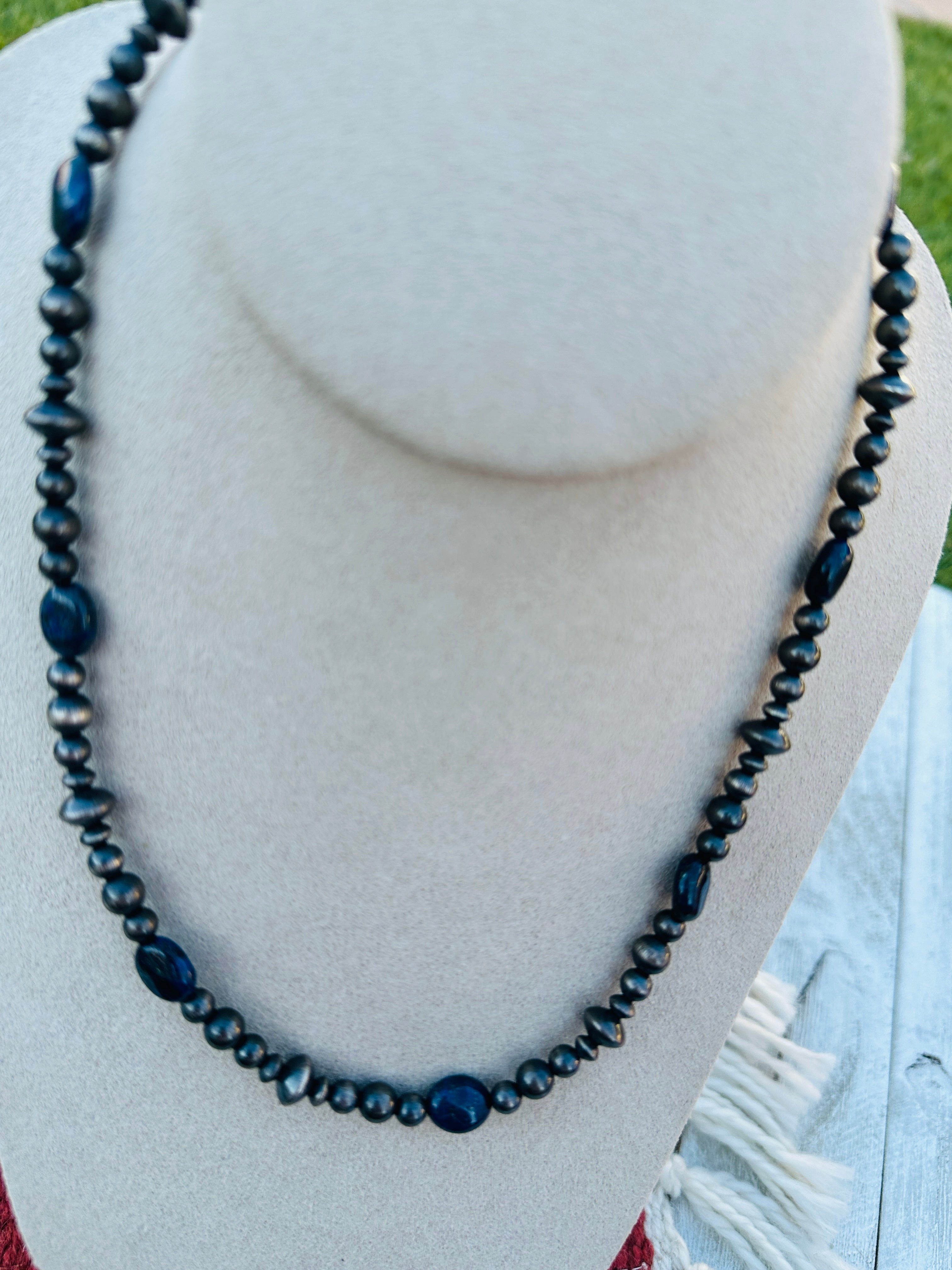 Handcrafted Sterling Silver Pearl & Lapis 18” Beaded Necklace