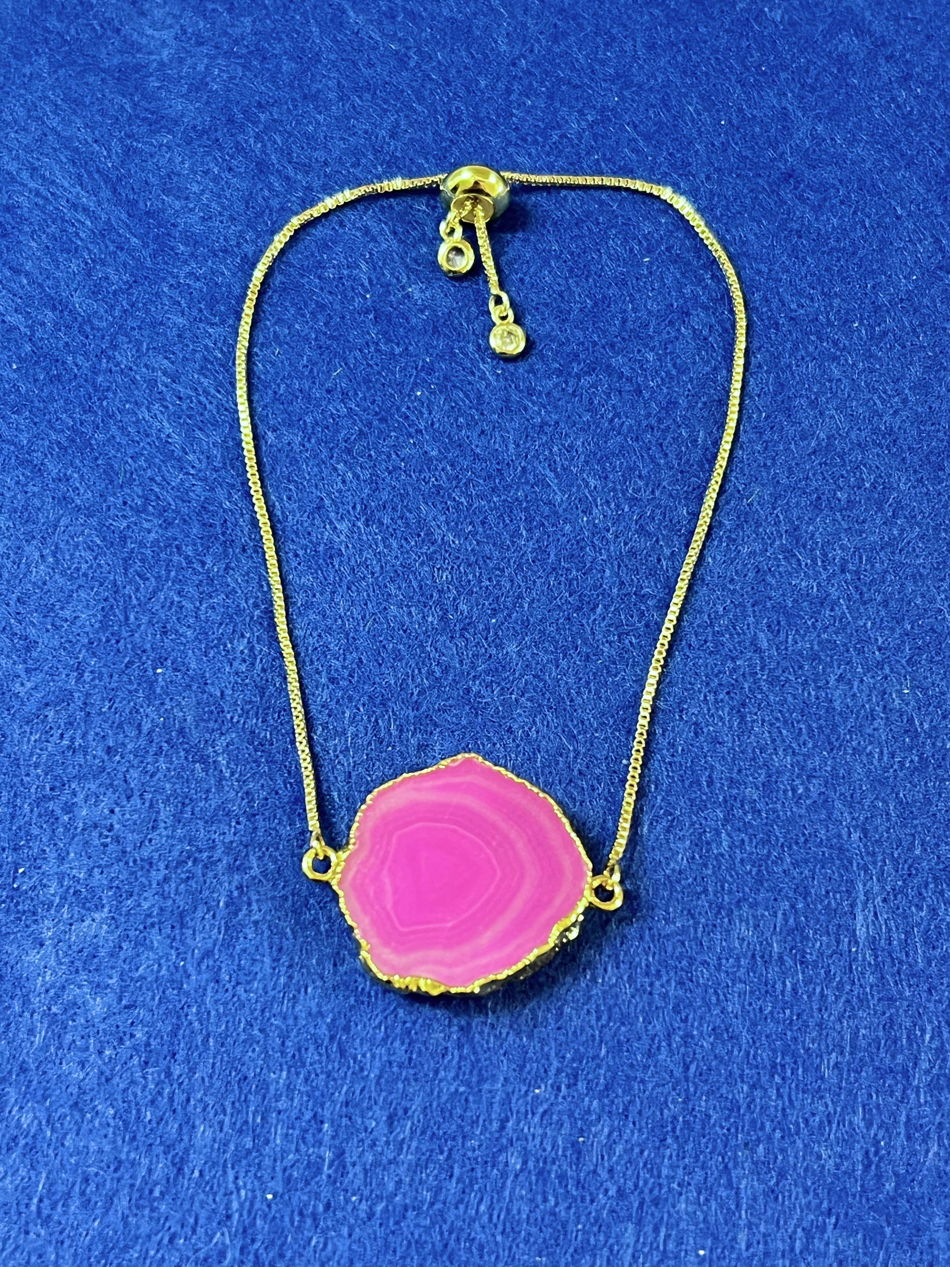 Handmade 14k Gold Druzy Plated Brass & Hot Pink Geode Adjustable Bracelet