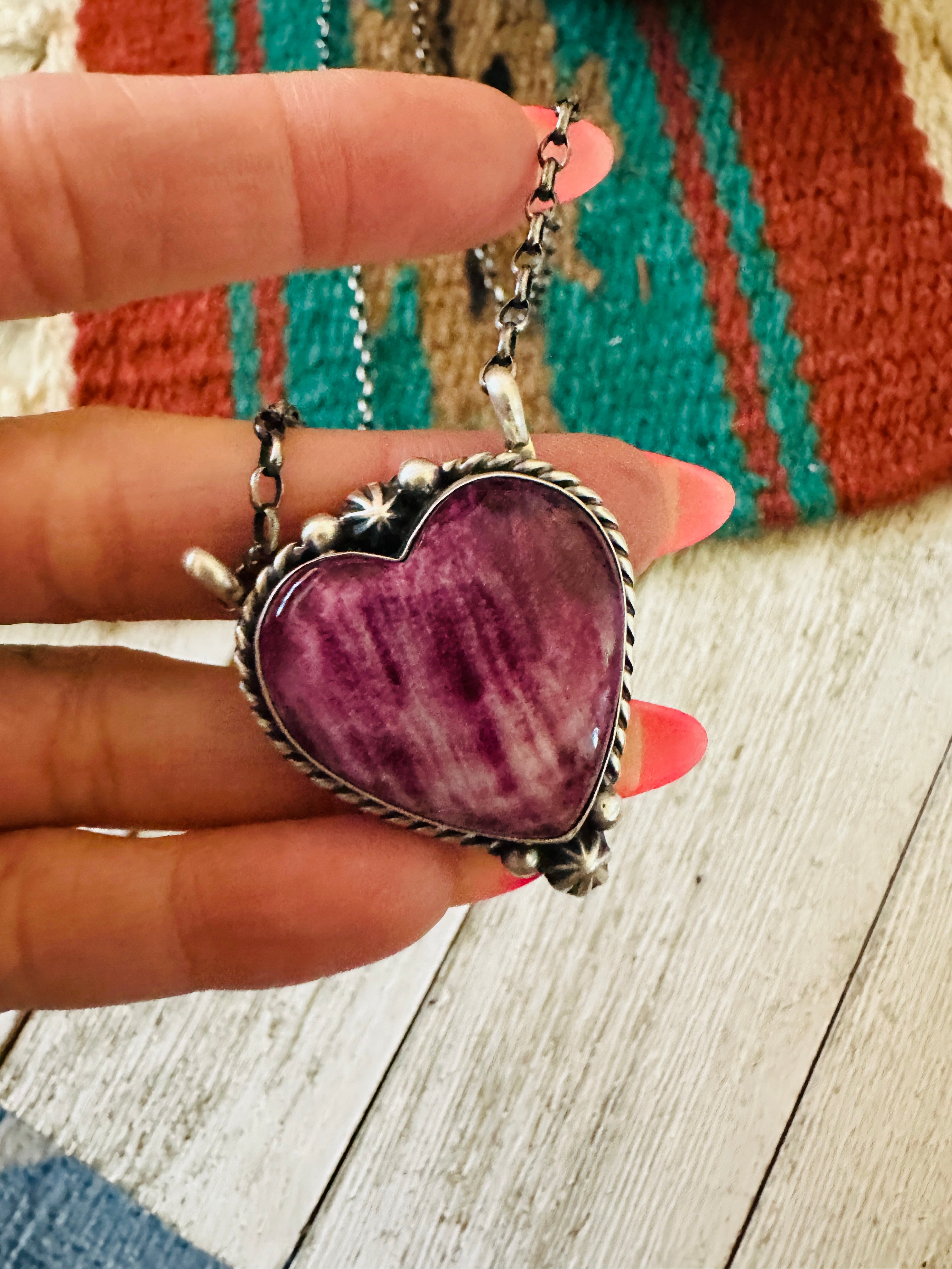 Handcrafted Sterling Silver & Purple Spiny Heart Necklace