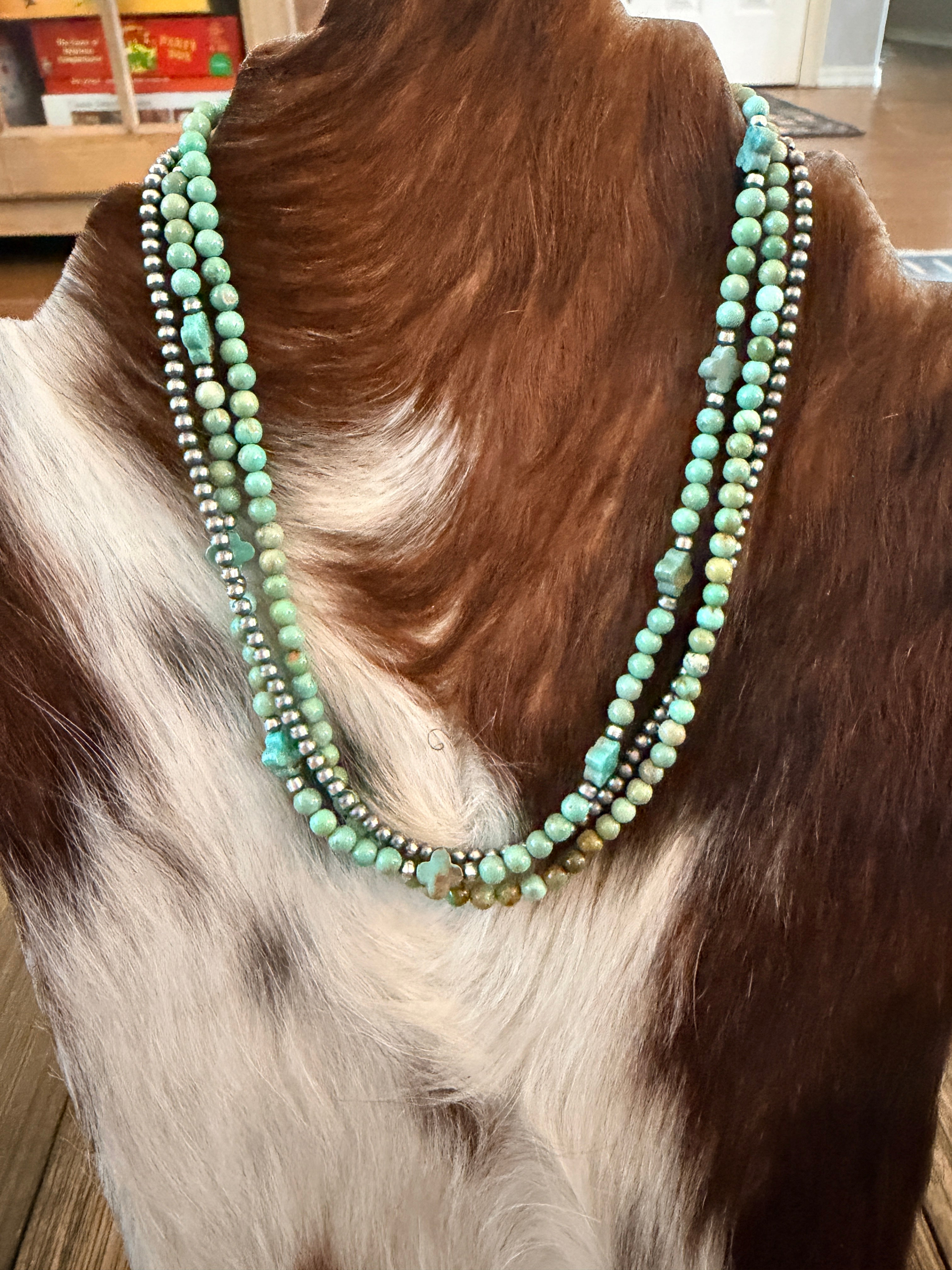 Handcrafted Turquoise and Sterling Silver Pearl Triple-Strand Beaded Necklace
