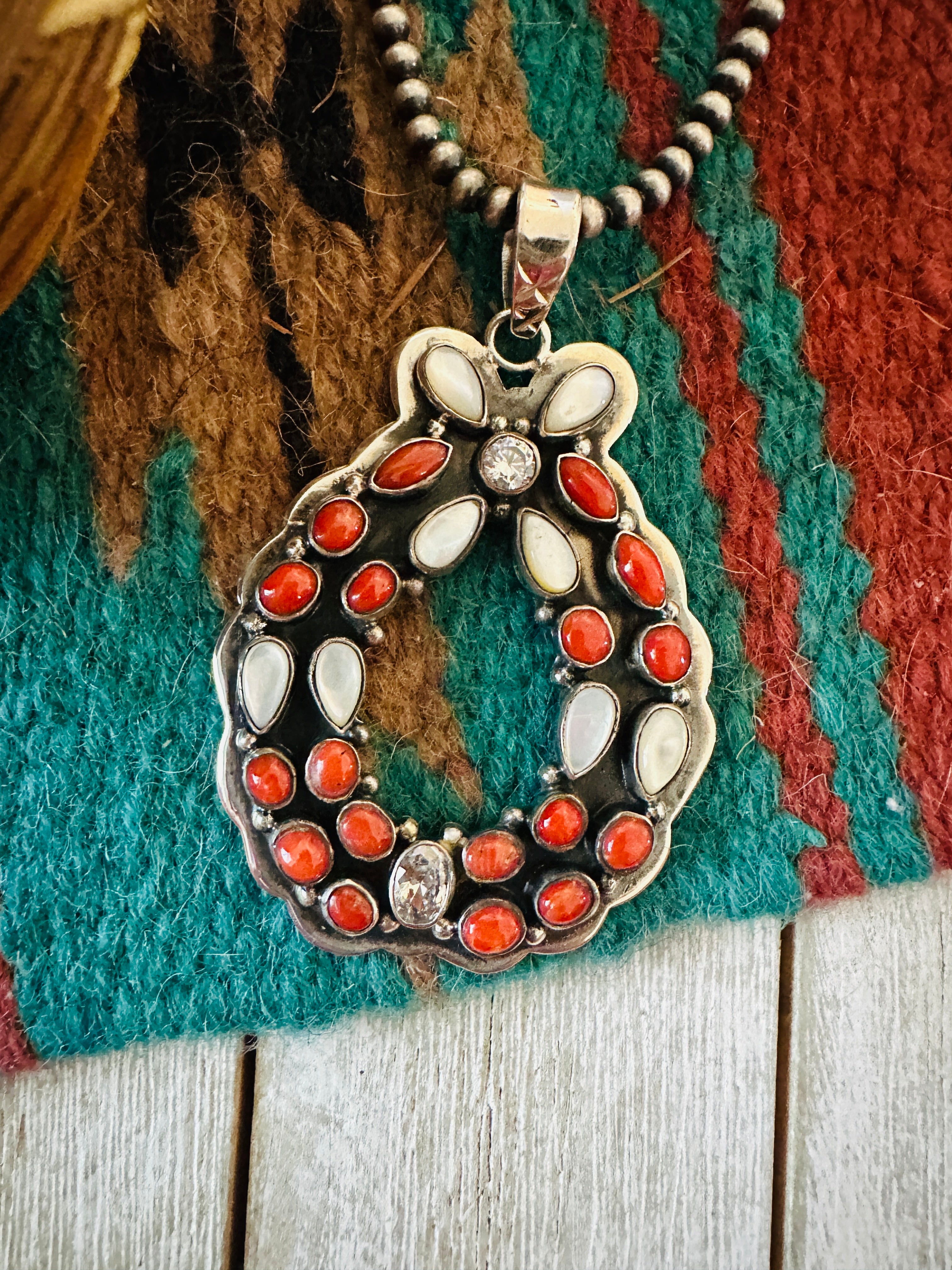 ** Christmas Collection ** Handmade Sterling Silver, Coral, Mother of Pearl & CZ Wreath Pendant Signed Nizhoni
