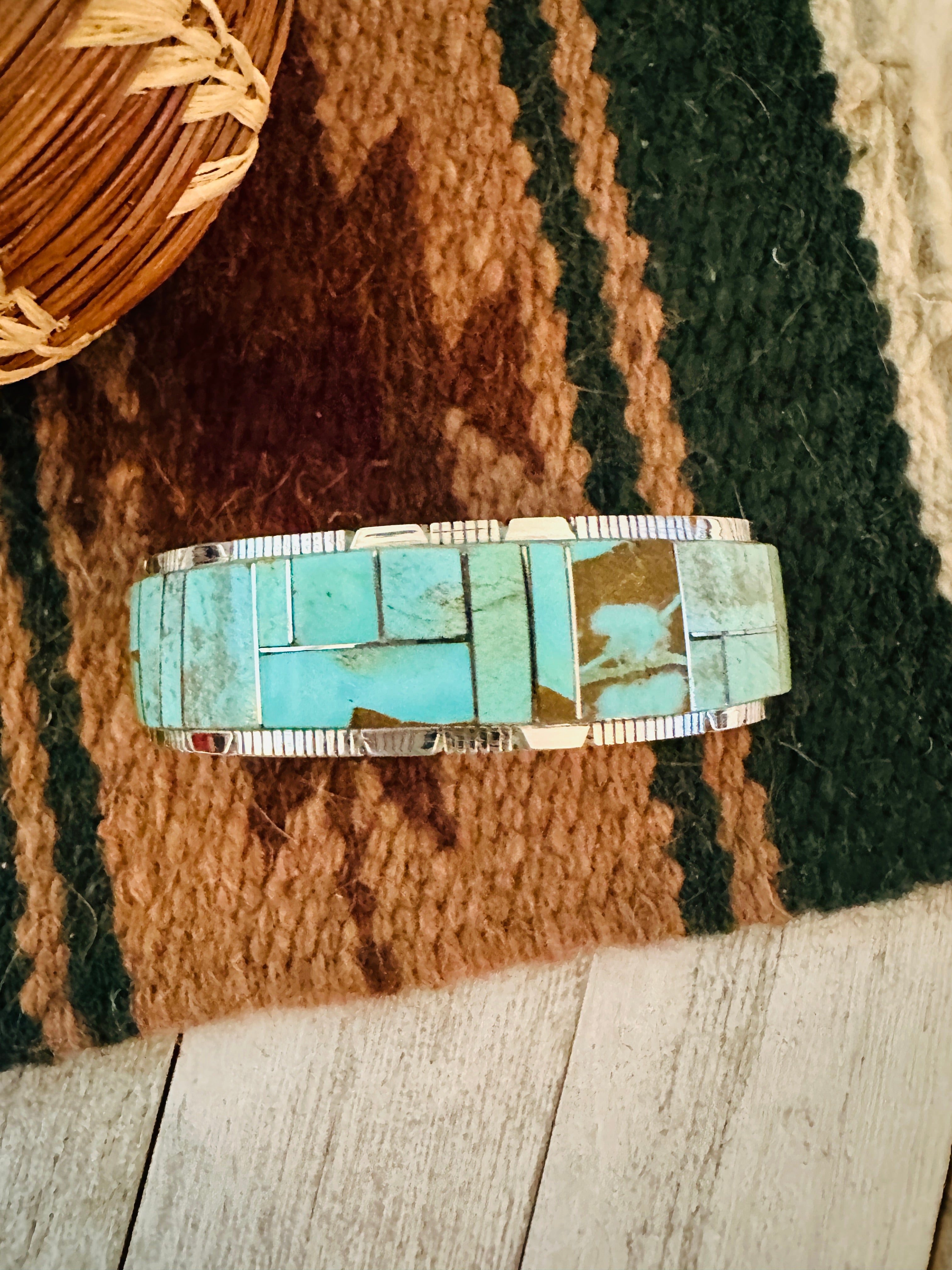 Navajo Number 8 Turquoise & Sterling Silver Inlay Cuff Bracelet /