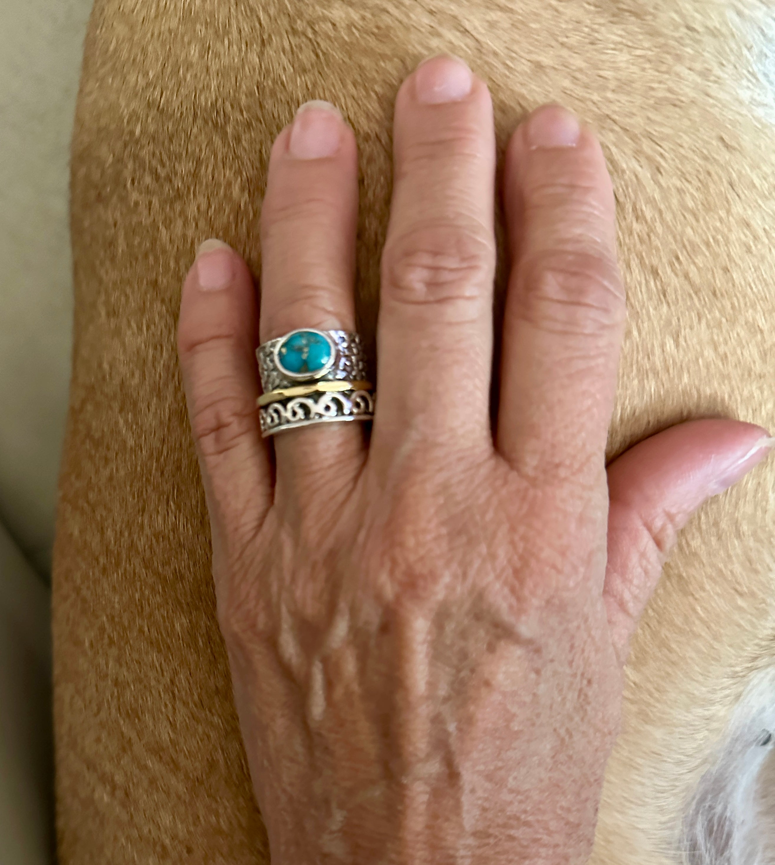 Copper Turquoise Sterling Silver, Gold, Copper Spinner Ring Size 7 “Lattice”