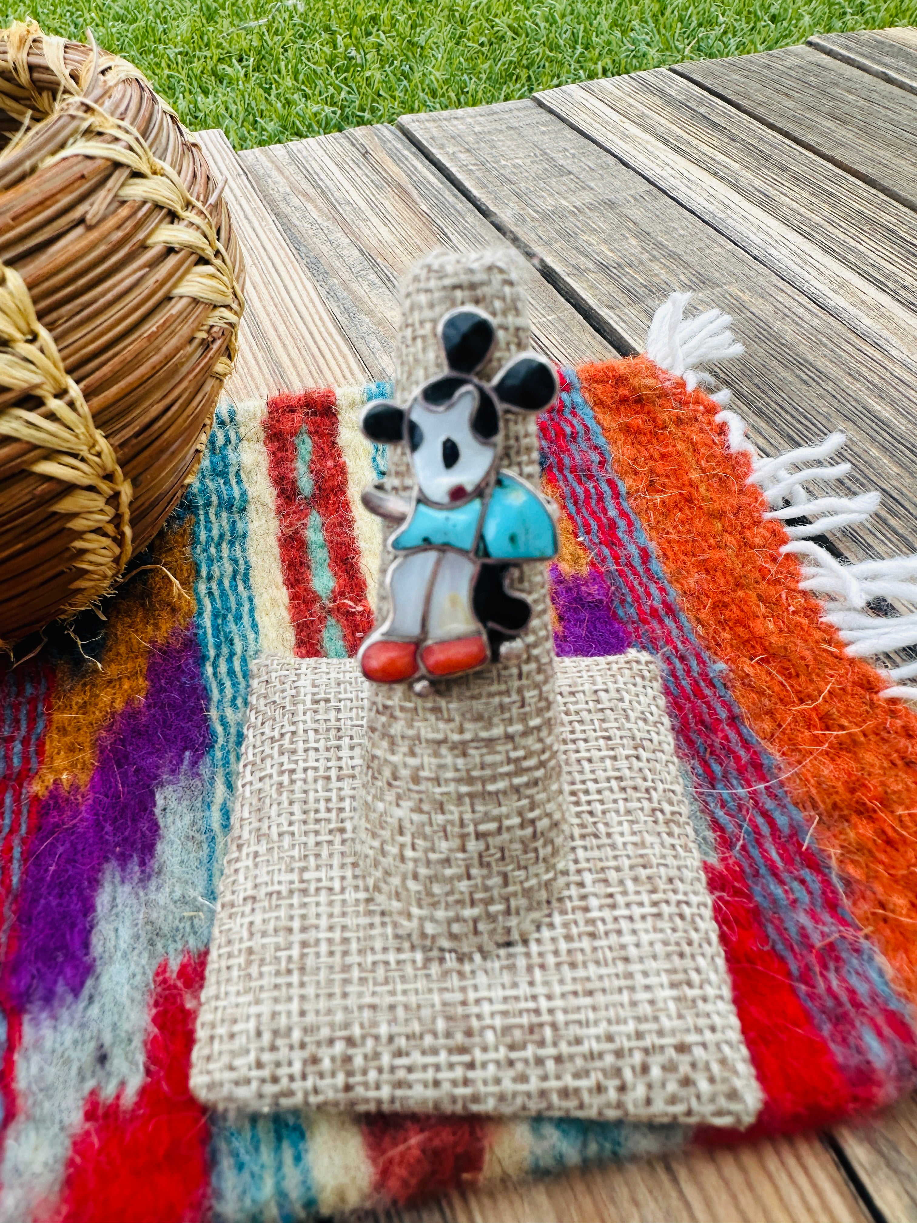 Old Pawn Handcrafted Multi Stone & Sterling Silver Character Ring Size 5.5