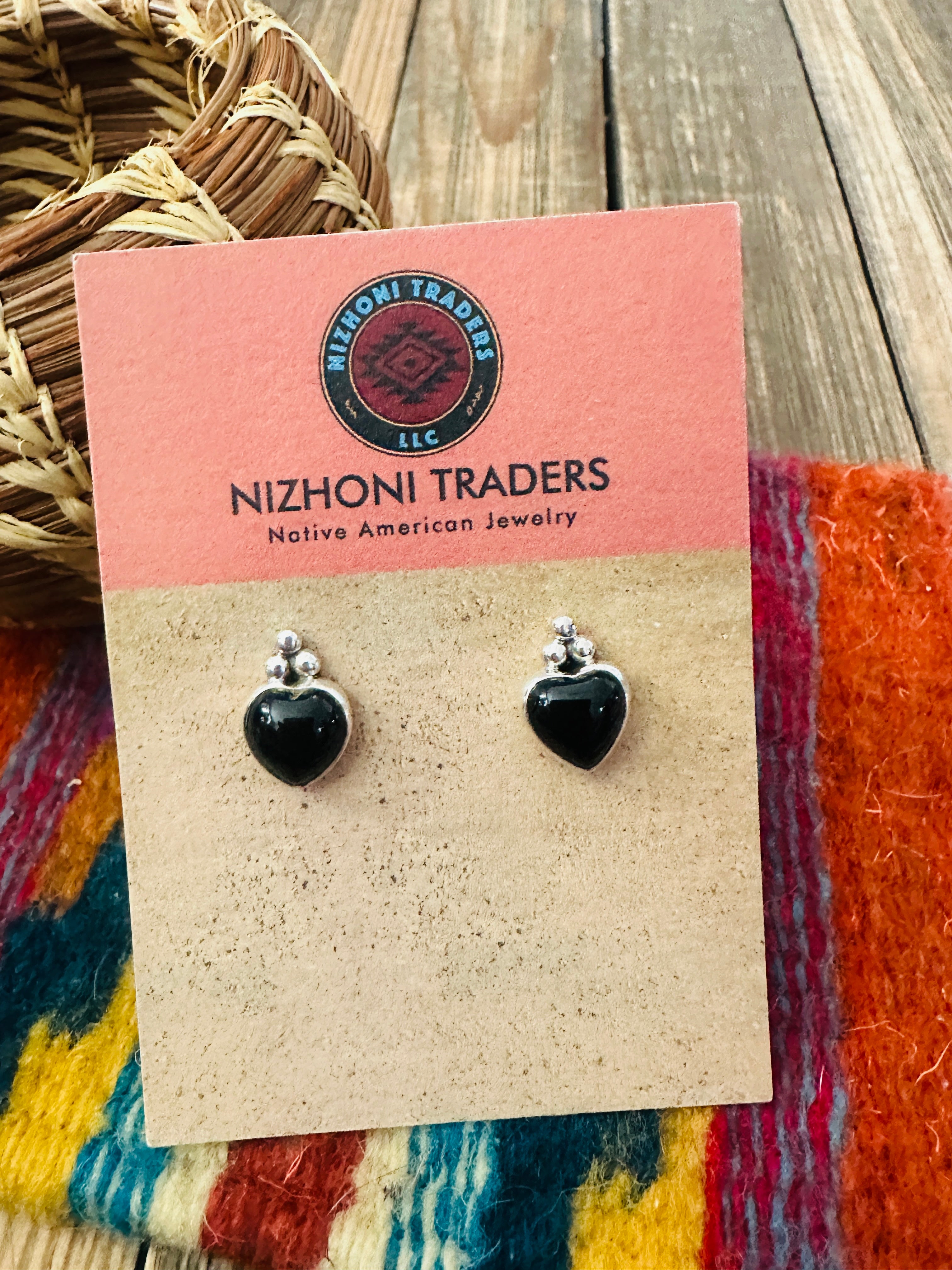 Handcrafted Black Onyx & Sterling Silver Heart Stud Earrings