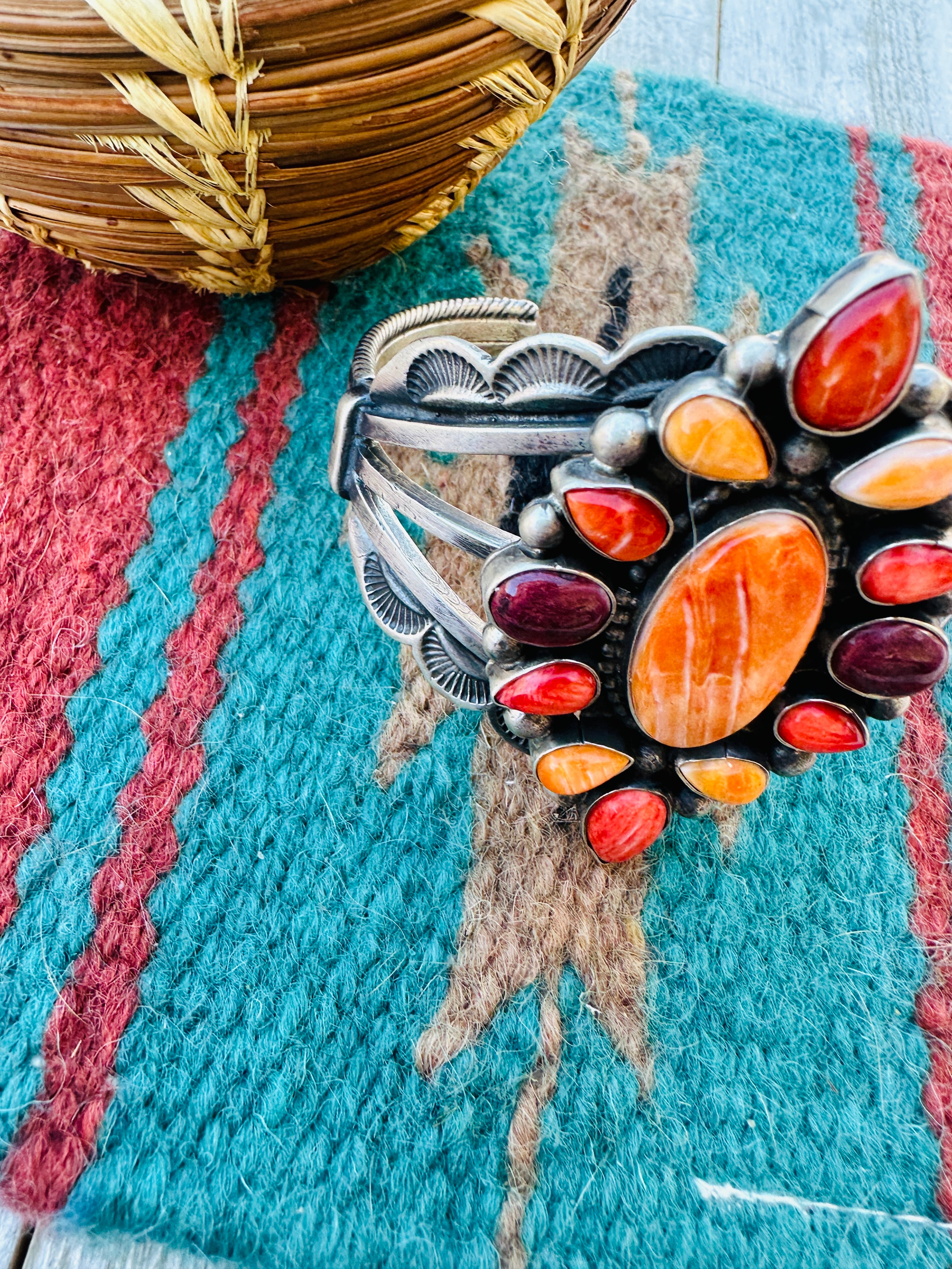 Handcrafted Sterling Silver & Spiny Oyster Cluster Cuff Bracelet