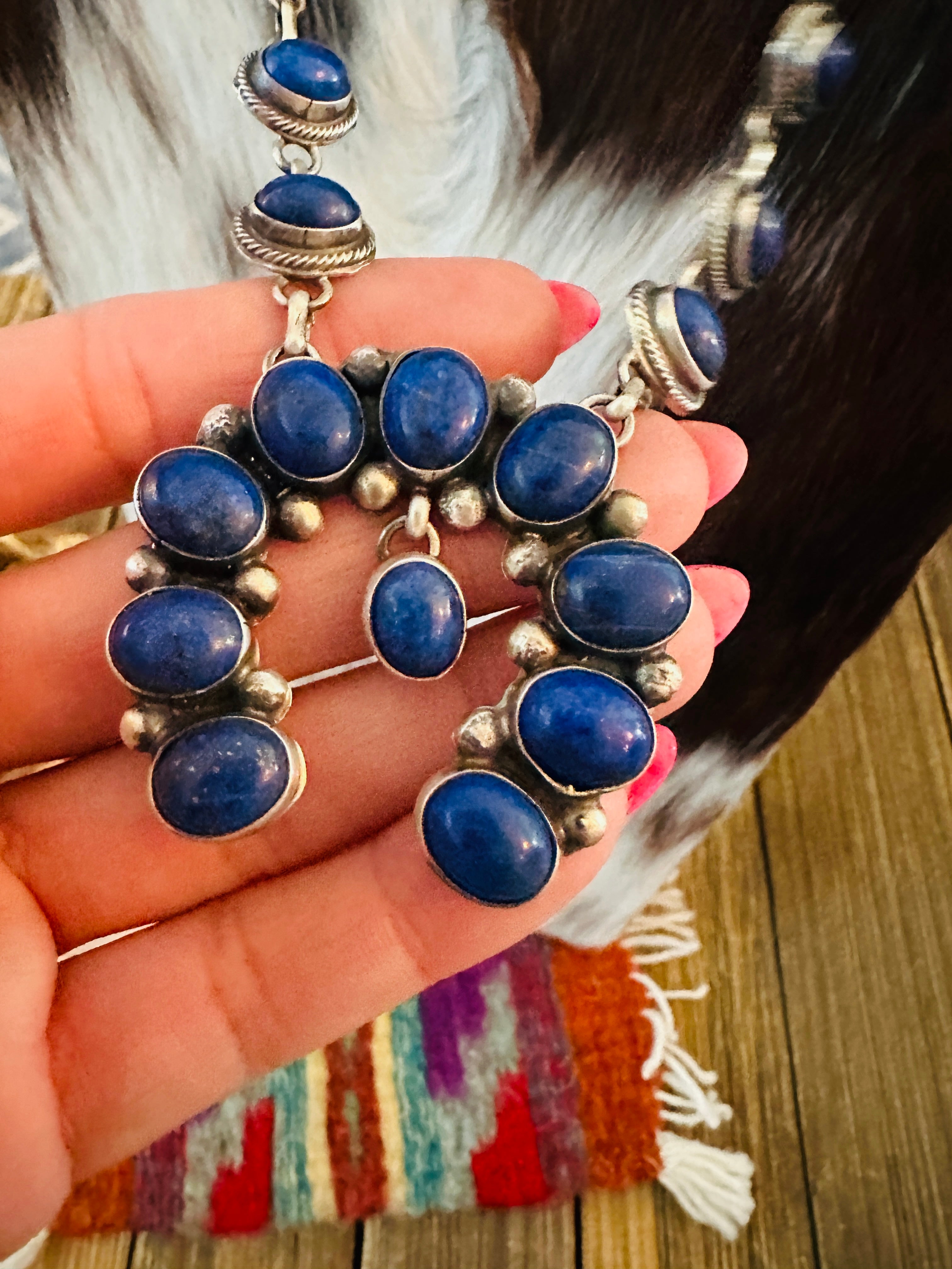 Handcrafted Lapis & Sterling Silver Squash Blossom Necklace and Earring Set